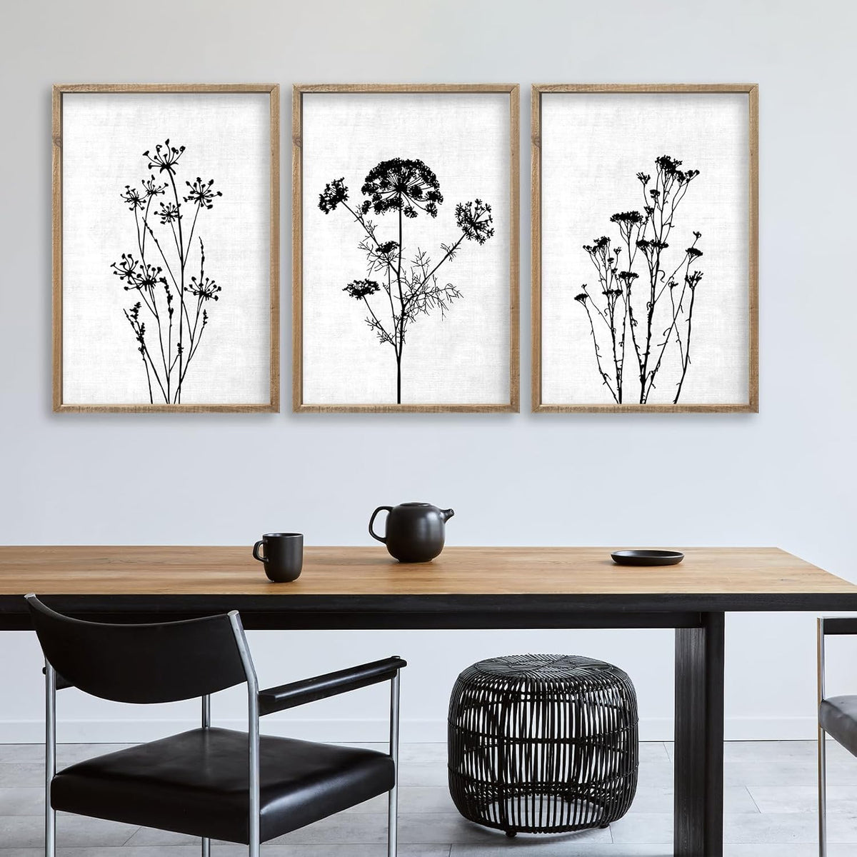 Flower Plant Wall Art Decor 16"x11" Set of 3 Black And White Botanical Painting Wood Framed For