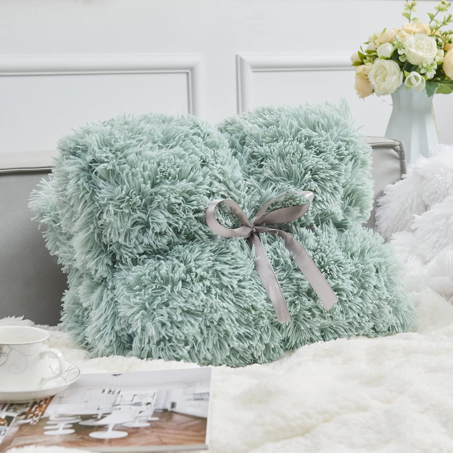 GONAAP Fuzzy Faux Fur Throw Blanket Twin Size Ice Blue Super Soft Cozy Plush Fuzzy Shaggy Blanket