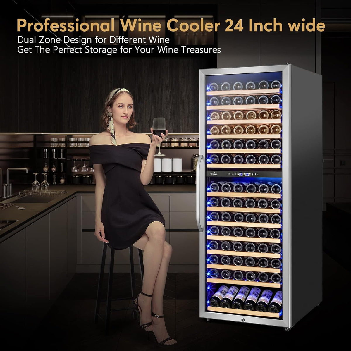 24 Inch Wine Cooler Fridge Dual Zone, Professional Large Capacity High Wine Refrigerator with