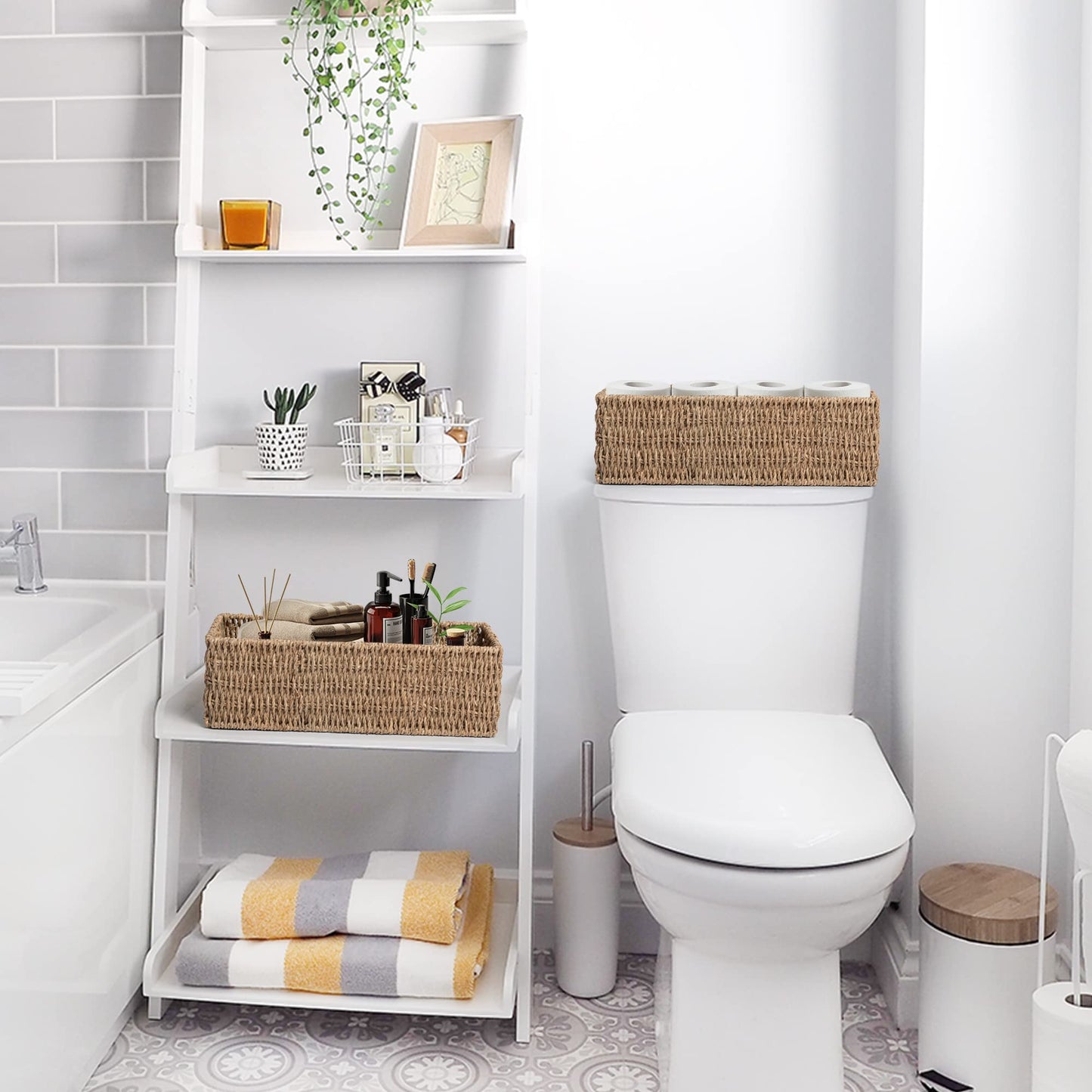 JS HANGER Toilet Basket Tank Topper, Seagrass Storage Baskets, Rectangular Wicker Baskets for