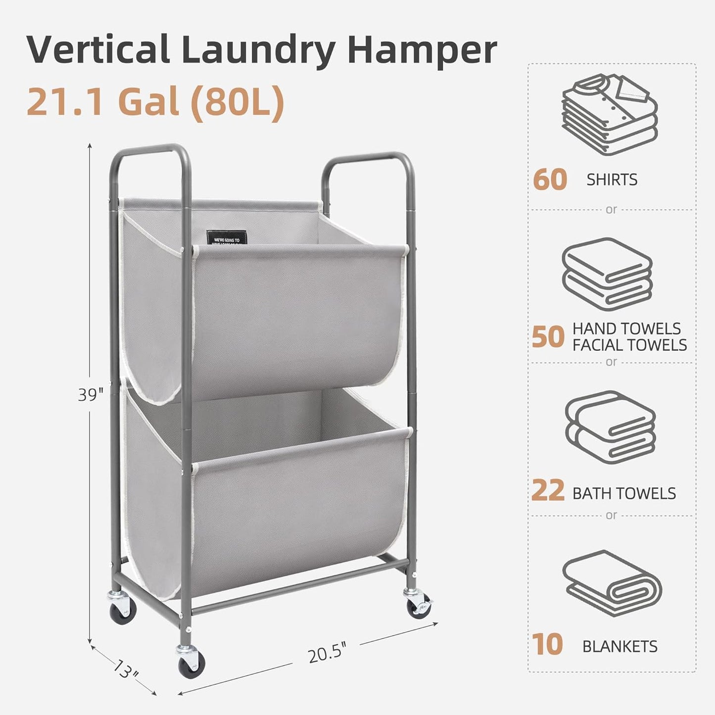 STORAGE MANIAC 80 Liters Vertical Rolling Laundry Hamper, 2 Section Laundry Sorter with Wheels and