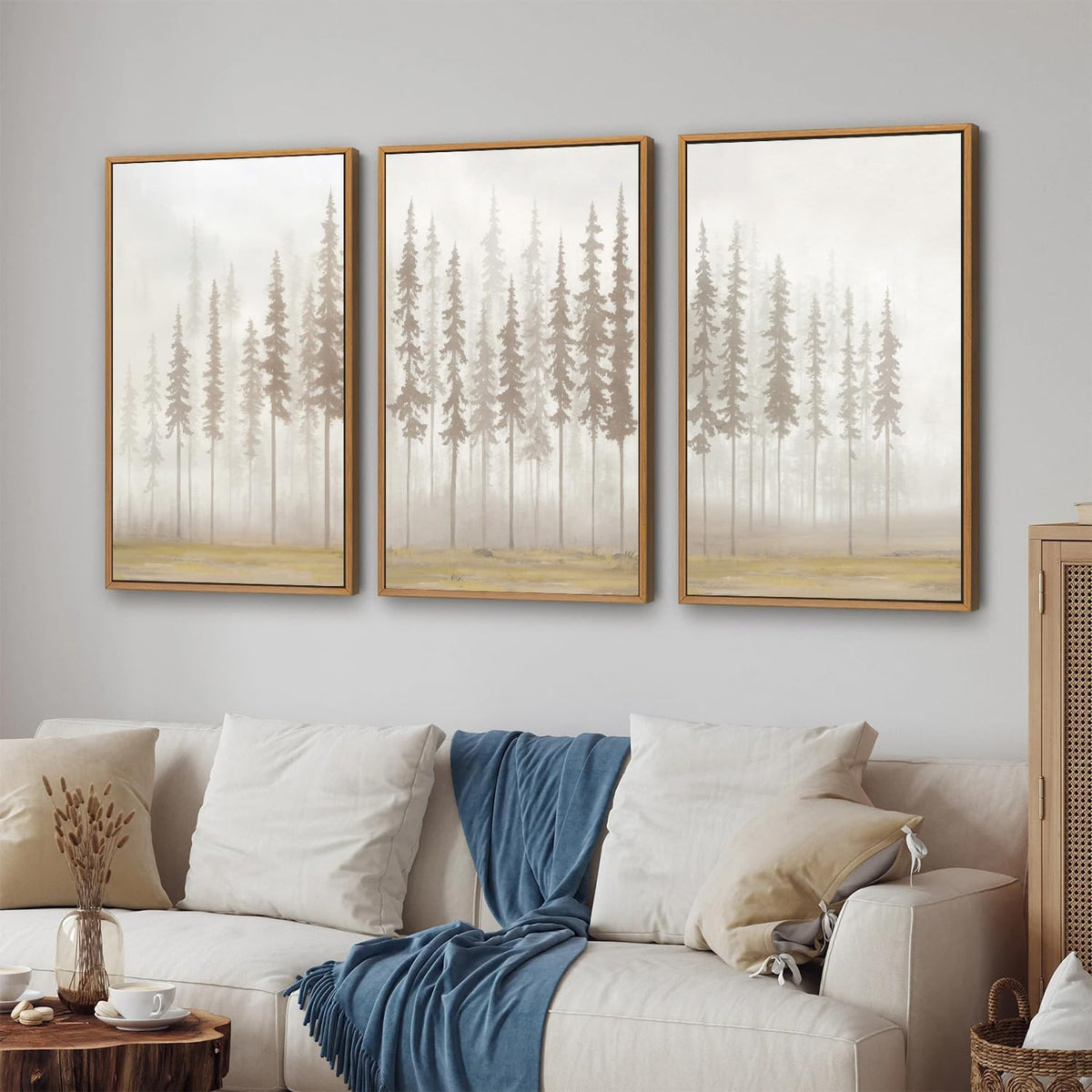 SIGNINART Large Pine Tree Framed Canvas Wall Art Set, Foggy Forest Landscape Wall Decor, Modern