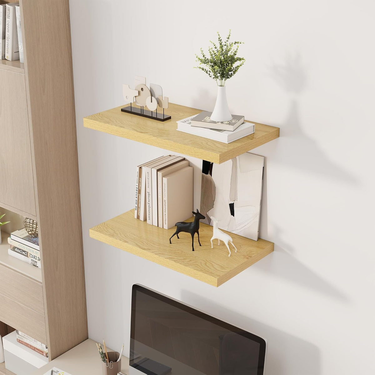 24" Floating Shelves for Wall, 12" Deep Slim Oak Floating Shelves, Wall-Mounted Shelves for