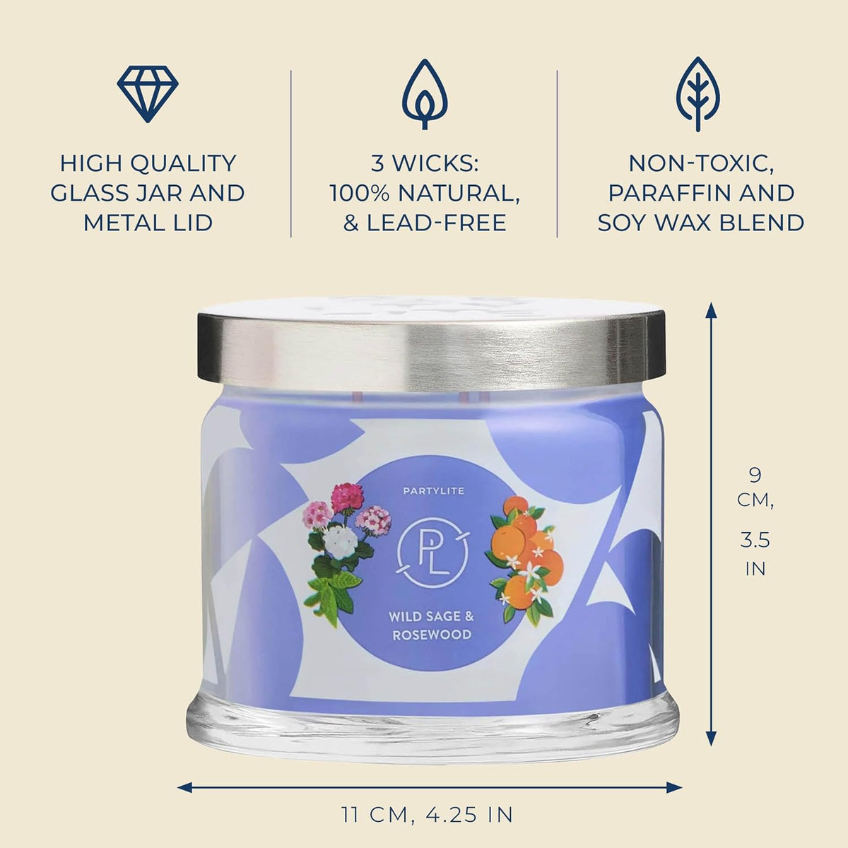 PartyLite Wild Sage & Rosewood Scented, Notes of Sage Leaf, Rosewood, Geranium Petals and