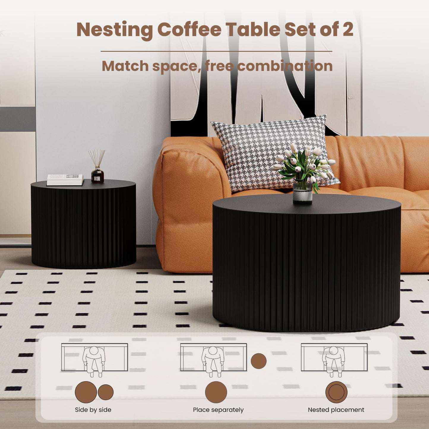 Round Nesting Coffee Table Wood Drum Nesting Tables Modern Stacking Coffee Table Set of 2 Fluted