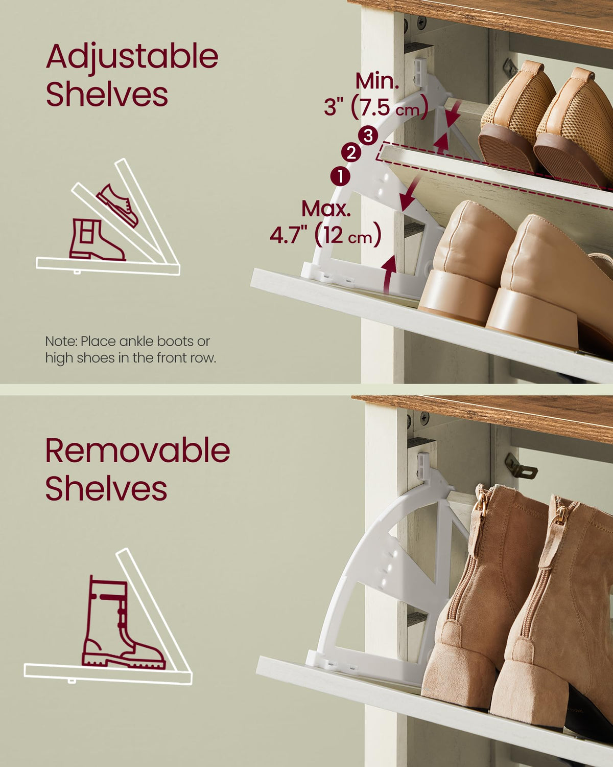 VASAGLE Farmhouse Shoe Cabinet, Narrow Storage Organizer, 3 Flip Drawers