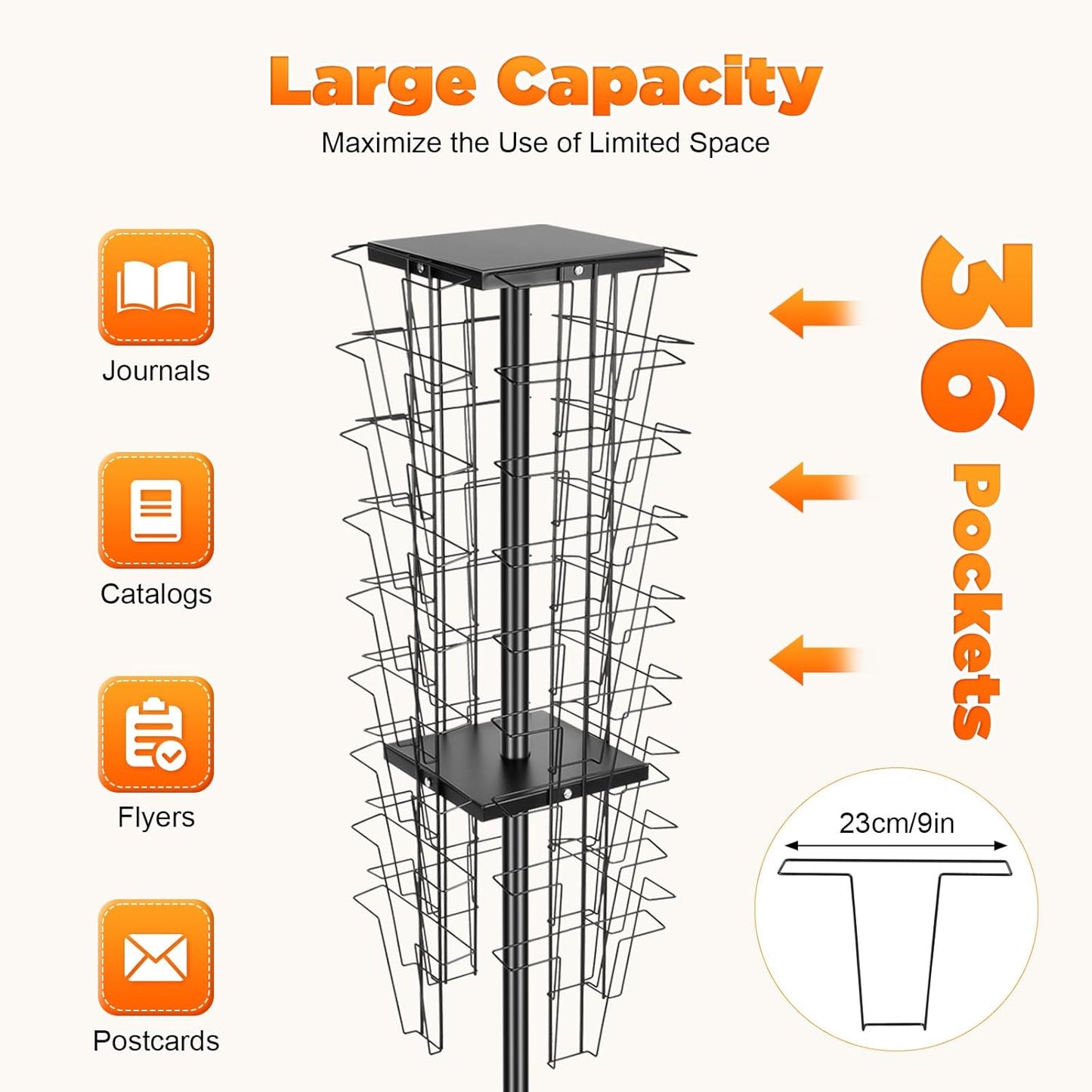 Cashewnuts 36 Pockets Rotating Magazine Rack Floor Standing 360 Degrees Rotating Brochure Display