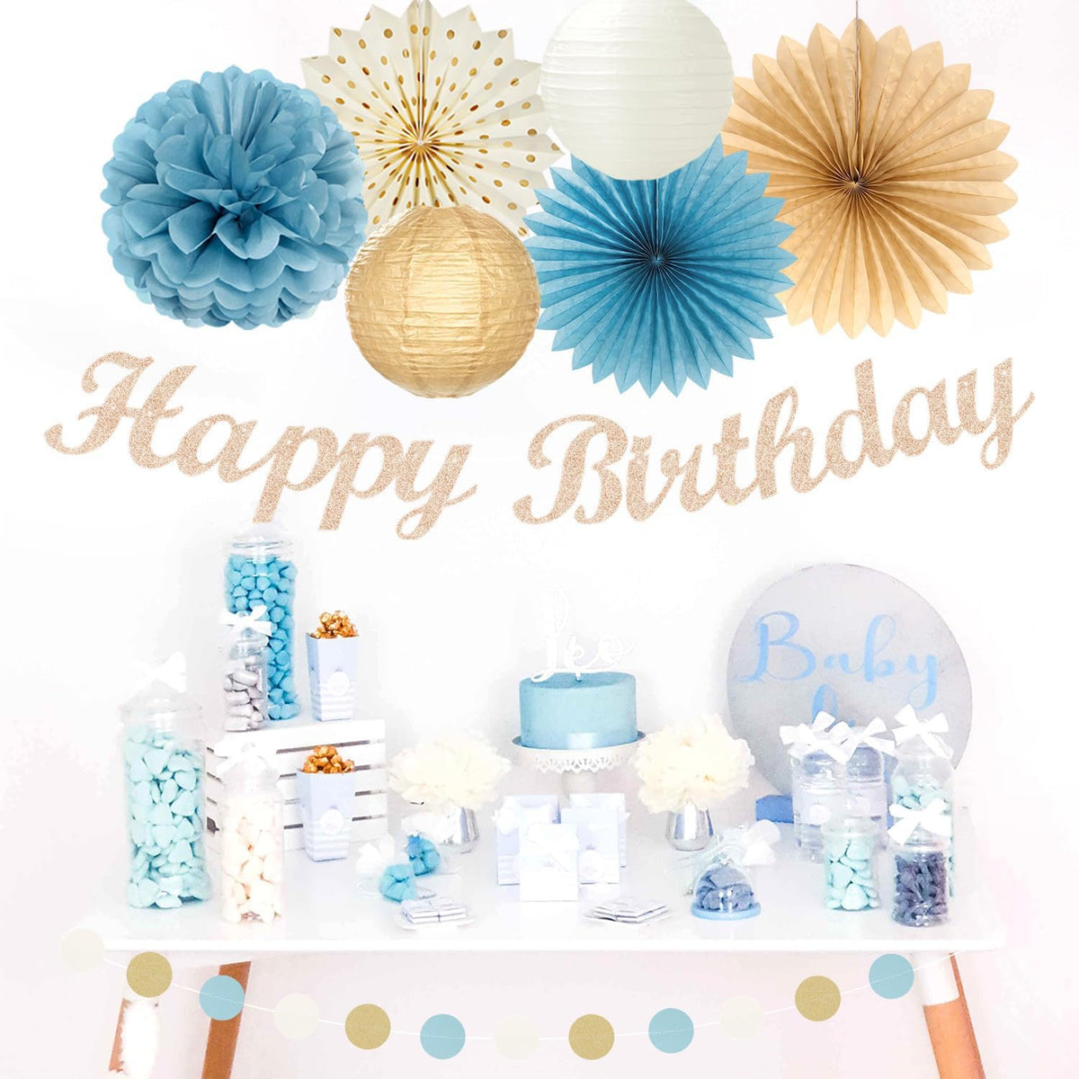 Light-Dusty Blue Beige-Champagne Women Birthday-Decorations - 21pcs Boho Neutral Happy Banner