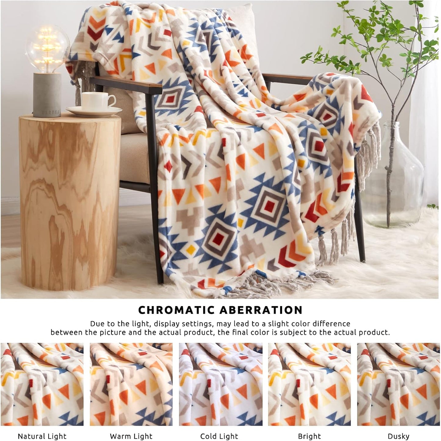 CASAAGUSTO Boho Throw Blanket - Colorful Decorative Blankets with Tassel, Printed Flannel Bohemian
