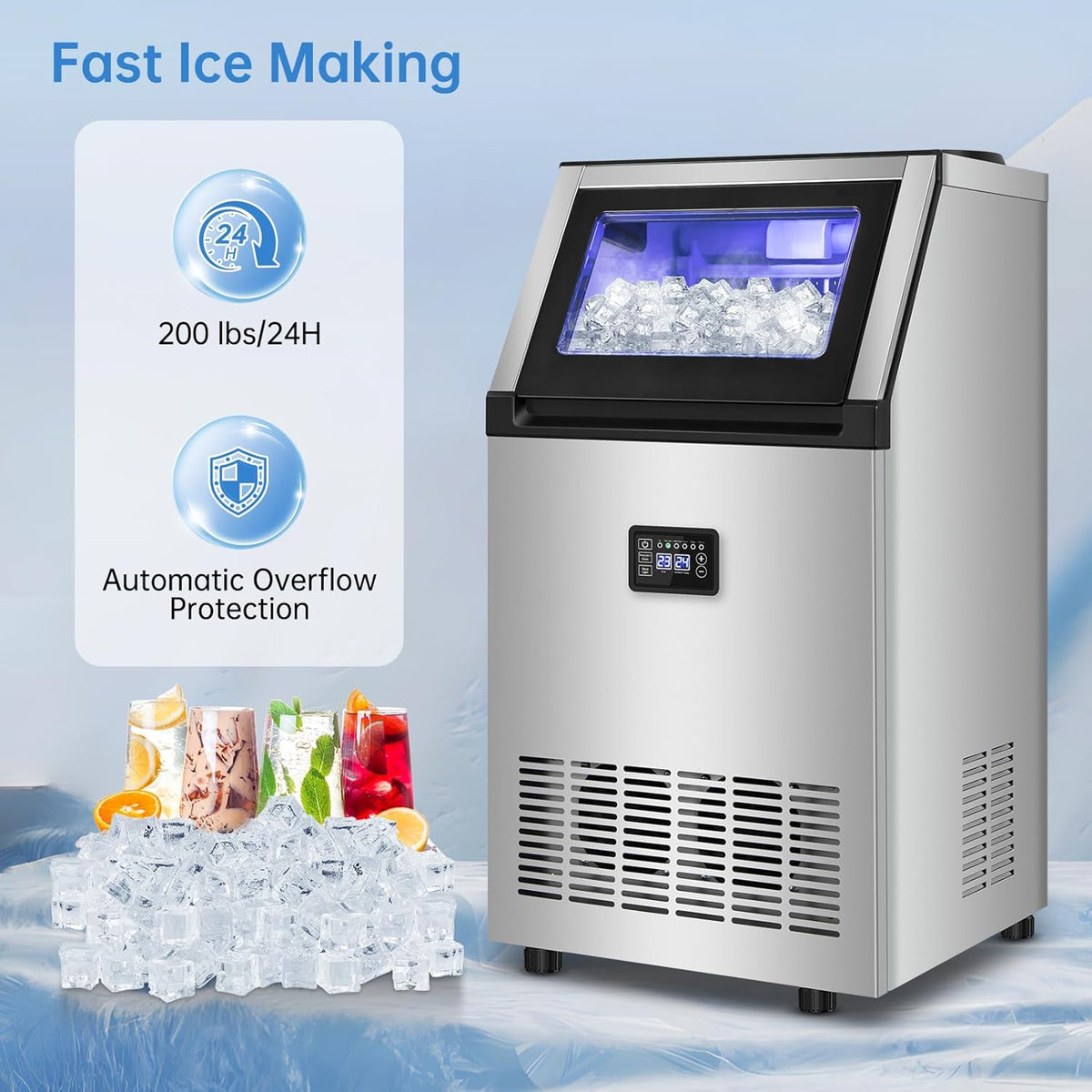 Ice Maker Commercial Ice Machine 200 lbs /24H, 33 lbs Large Storage Capacity Bin, Under Counter or