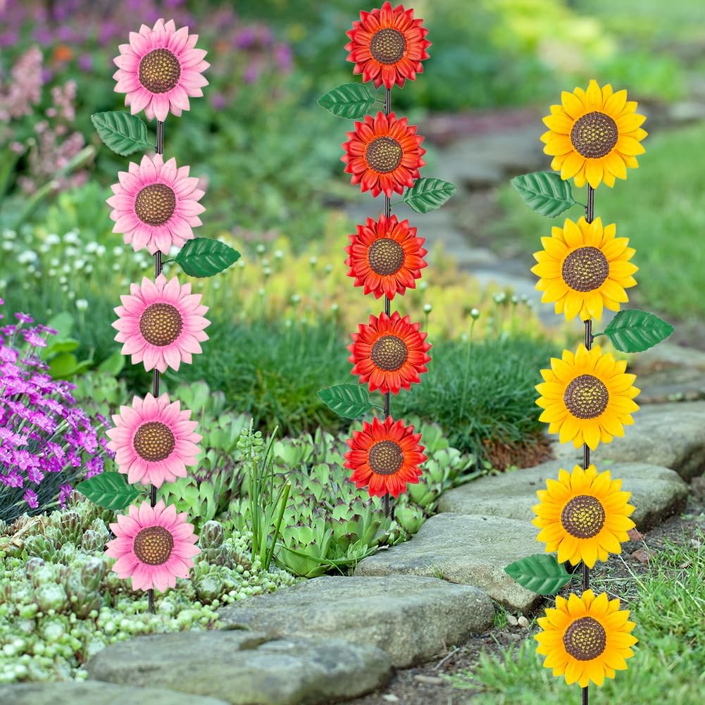 3 Pack Sunflowers Garden Stakes Decor,Metal Yard Art Decorative Garden Stakes,Metal Flowers Spring