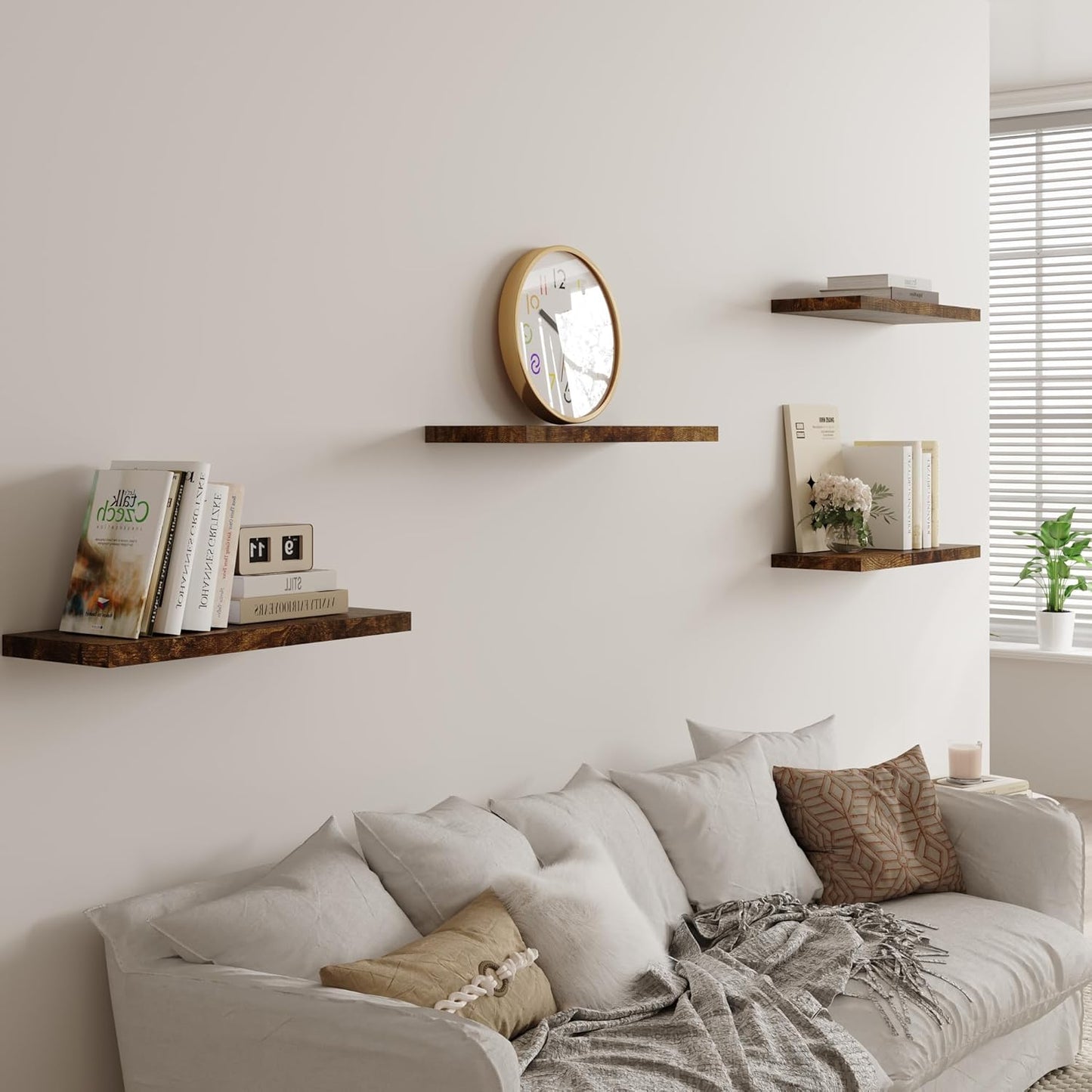Wall Shelf Set of 2, Rustic Brown Floating Shelves 24 in W x 10 in D x 1 in H, Wooden Floating Wall