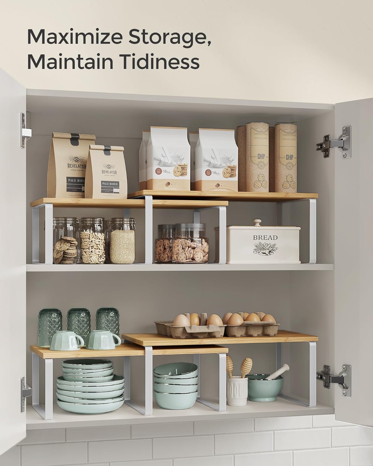 SONGMICS Cabinet Organizer Shelf, Set of 2 Kitchen Counter Shelves, Kitchen Storage, Spice Rack