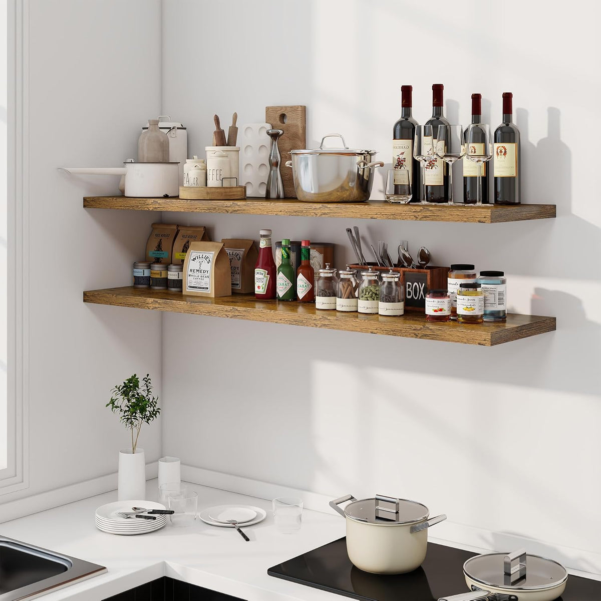 55" Floating Shelves for Wall, 12" Deep Slim Rustic Brown Floating Shelves, Wall-Mounted Shelves