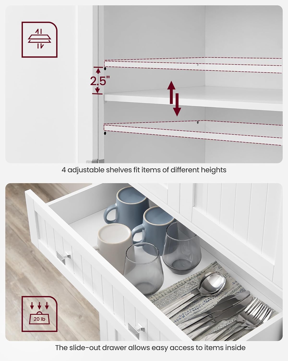 VASAGLE Pantry Cabinet, 71.7-Inch High Freestanding Tall Cupboard Storage Cabinet with a Drawer, 2