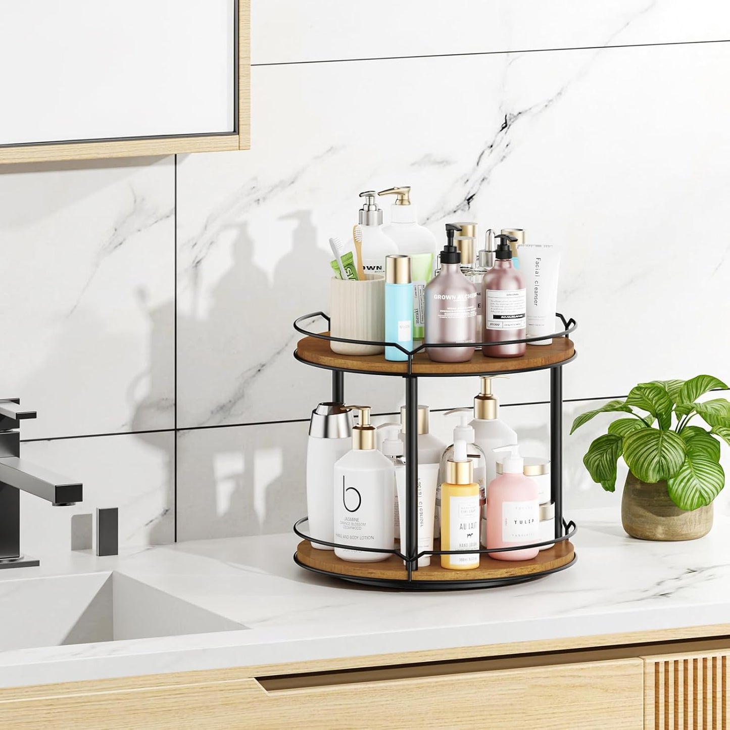 12.4" Lazy Susan Organizer 2 Tier - Rotating Spice Rack, Wooden Spinning Spice Holder for Inside