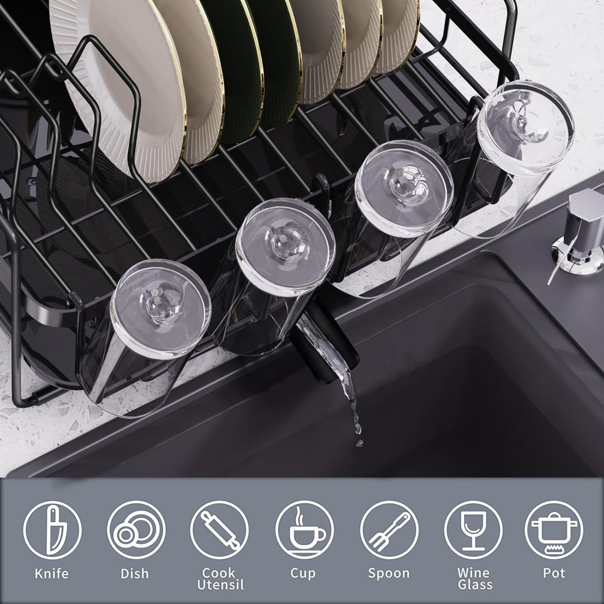 Runnatal Large Dish Drying Rack with Drainboard Set, Dish Rack, Extendable Dish Rack, Utensil