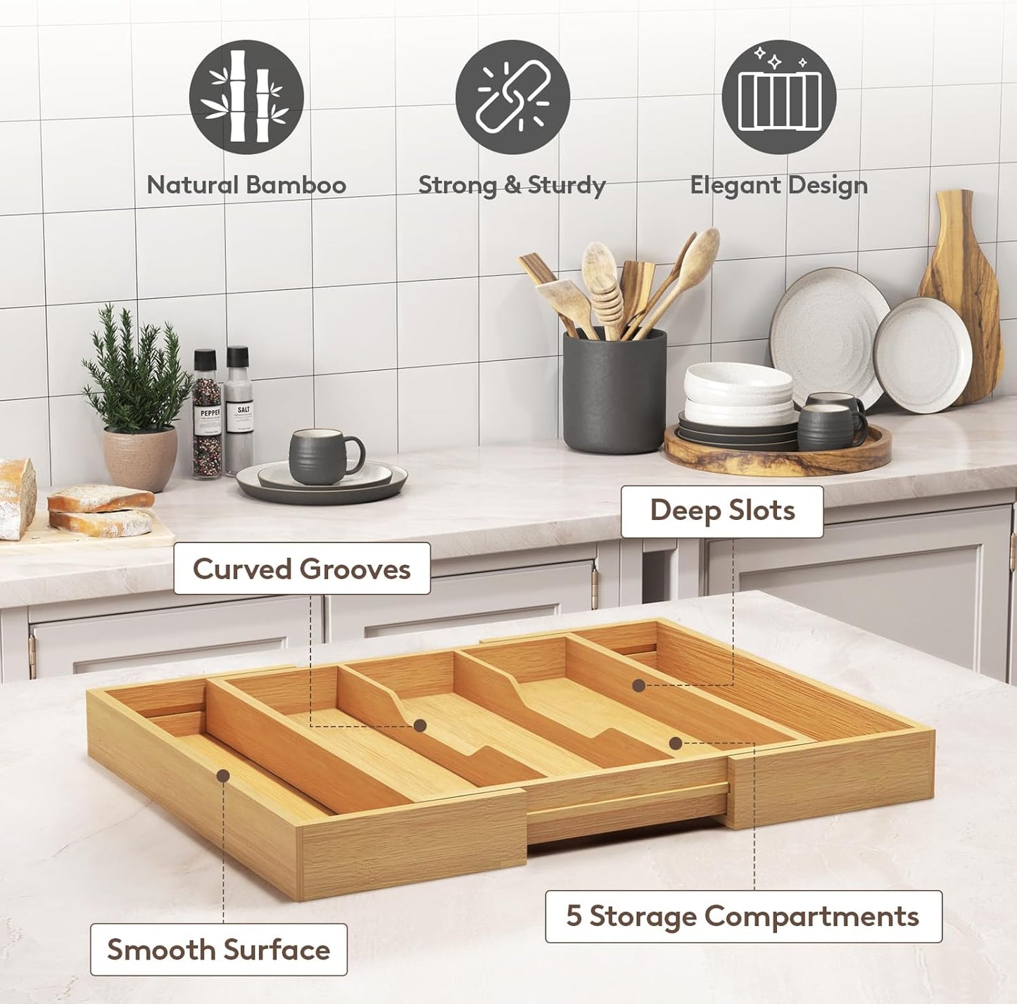 Lifewit Utensil Organizer for Kitchen Drawer, Expandable Cooking Utensil Tray, Bamboo Cutlery