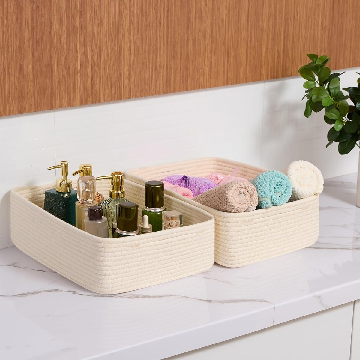 Large Shallow Organizing Baskets 15x11x5.1 Inches - Rope Woven Storage Bins for Bathroom, Shelves