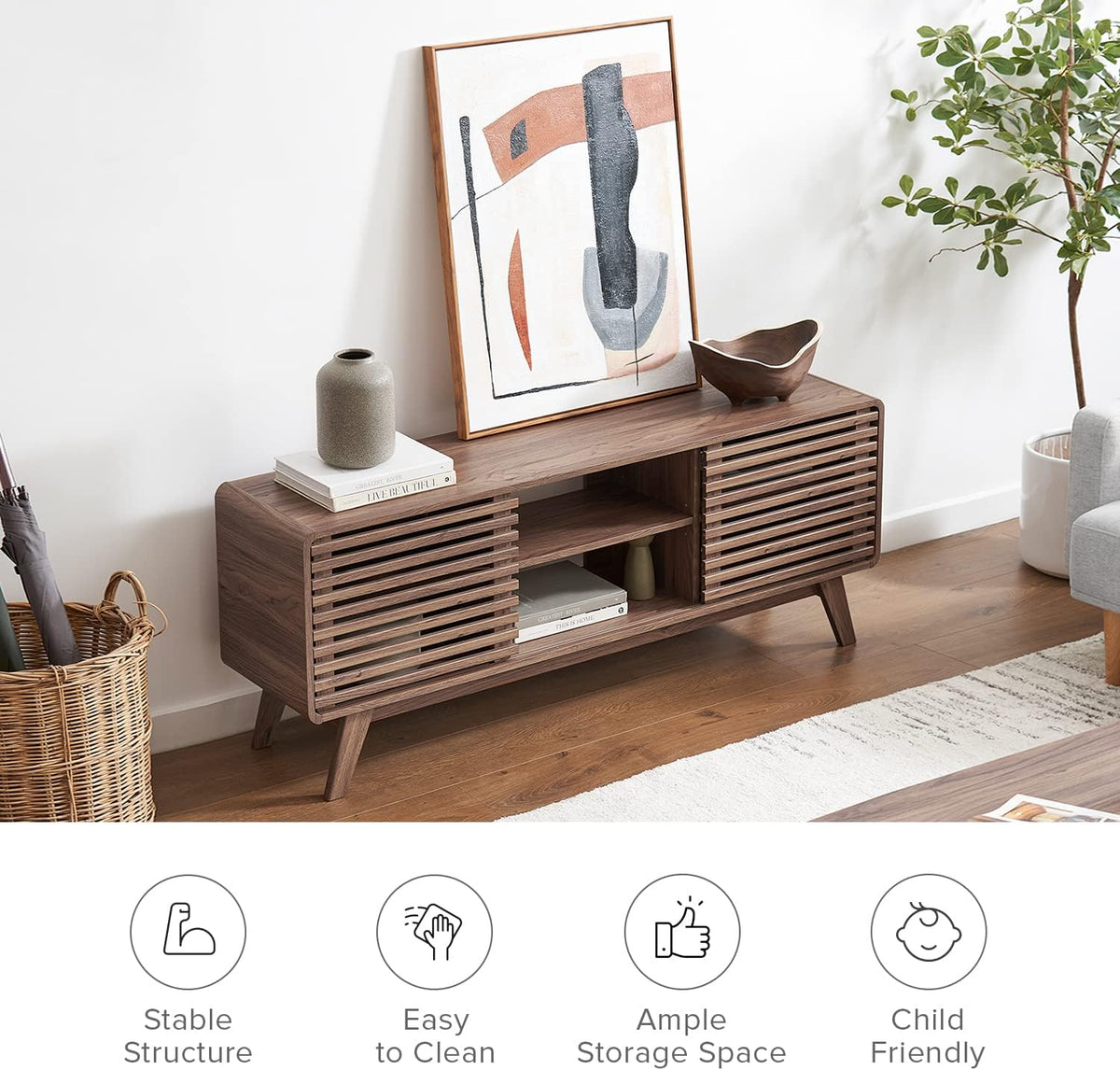 mopio Ensley TV Stand, Mid Century Modern for 55/60/65 inch TV, Farmhouse TV Stand, Entertainment