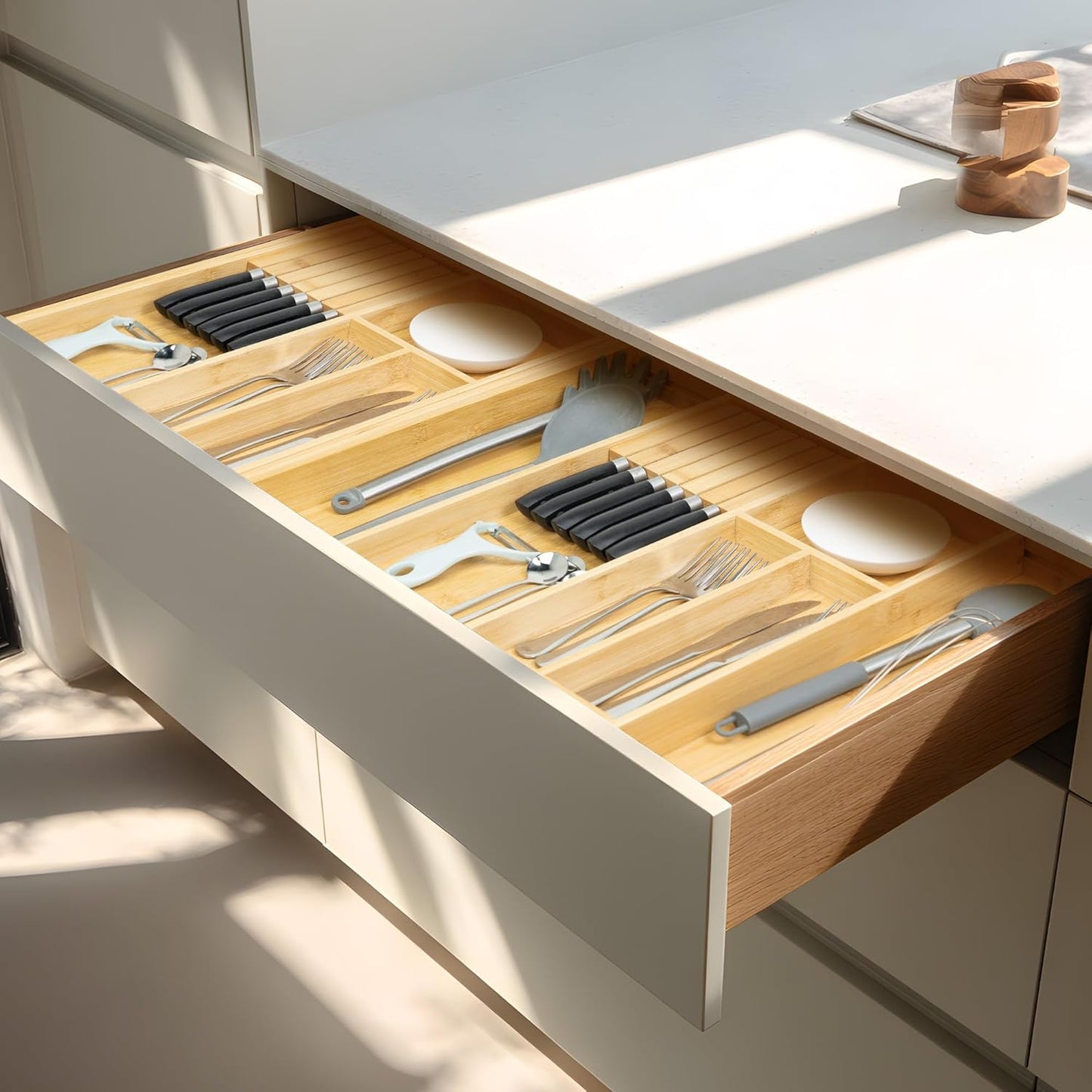 VaeFae Bamboo Kitchen Drawer Organizer, Wooden Utensil Tray with Multiple Compartments, Cutlery and