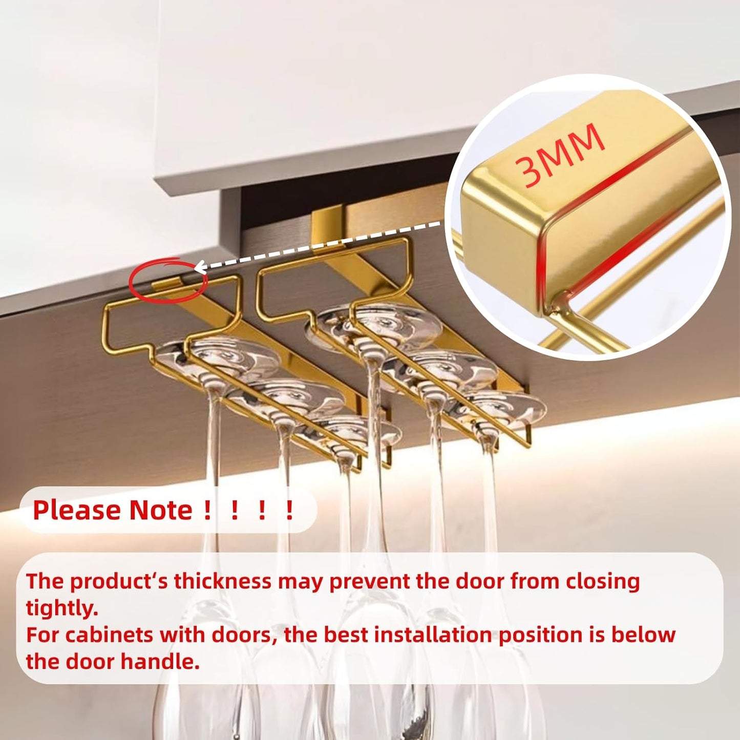 LINFIDITE Gold Under Cabinet Wine Glass Holder, 2 Pack, Space Saving, Easy Installation, Anti-Skid