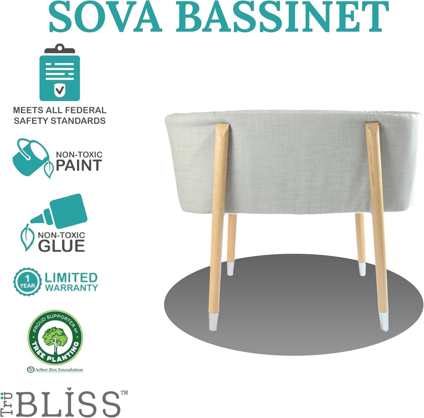 Sova Portable Baby Bassinet, Mid-Century Design with Extra Deep Walls for Newborns and Babies