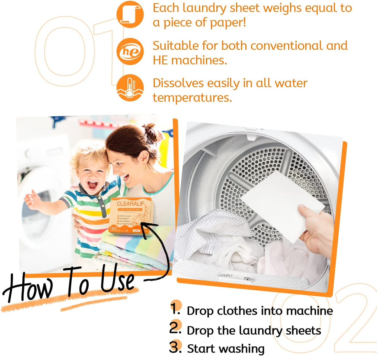 CLEARALIF Laundry Detergent Sheets Up to 160 Loads, Orange - Great For Travel, Apartments