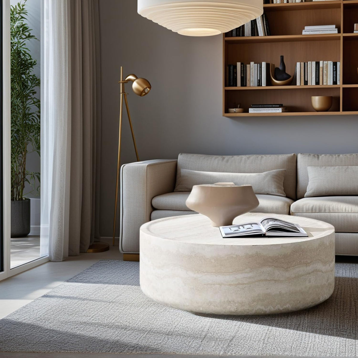 Faux Marble Coffee Table, Modern Round Coffee Table for Living Room, Circle Drum Coffee Side