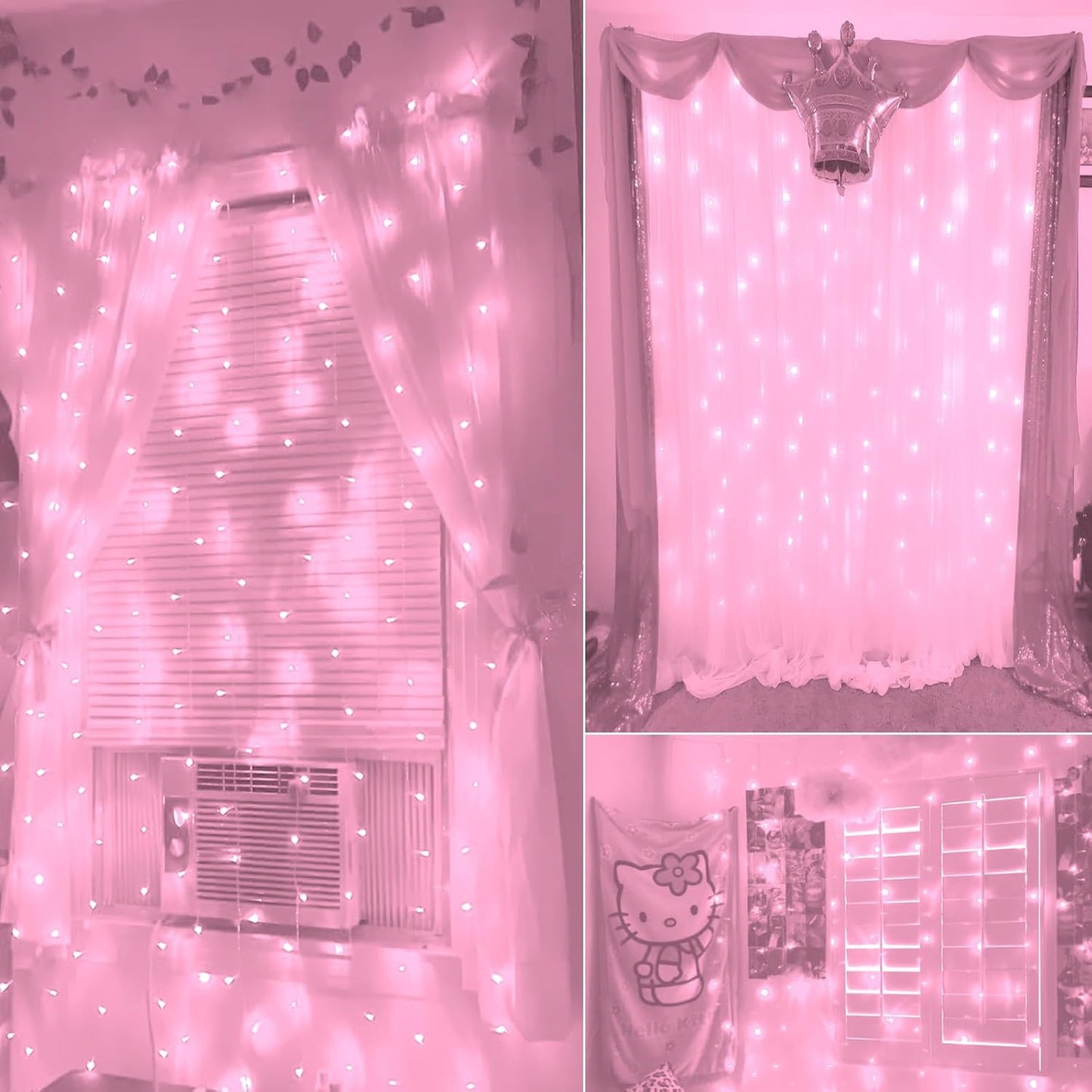 Curtain Lights, Pink Room Decor 8 Modes LED String Lights for Garden, Teen Girls' Room, Party