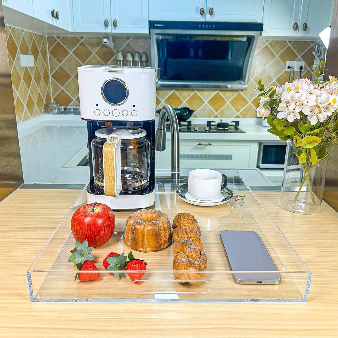 Clear Rectangular 16x20 Inches Acrylic Ottoman Tray Decorative Serving Tray with Cutout Handles