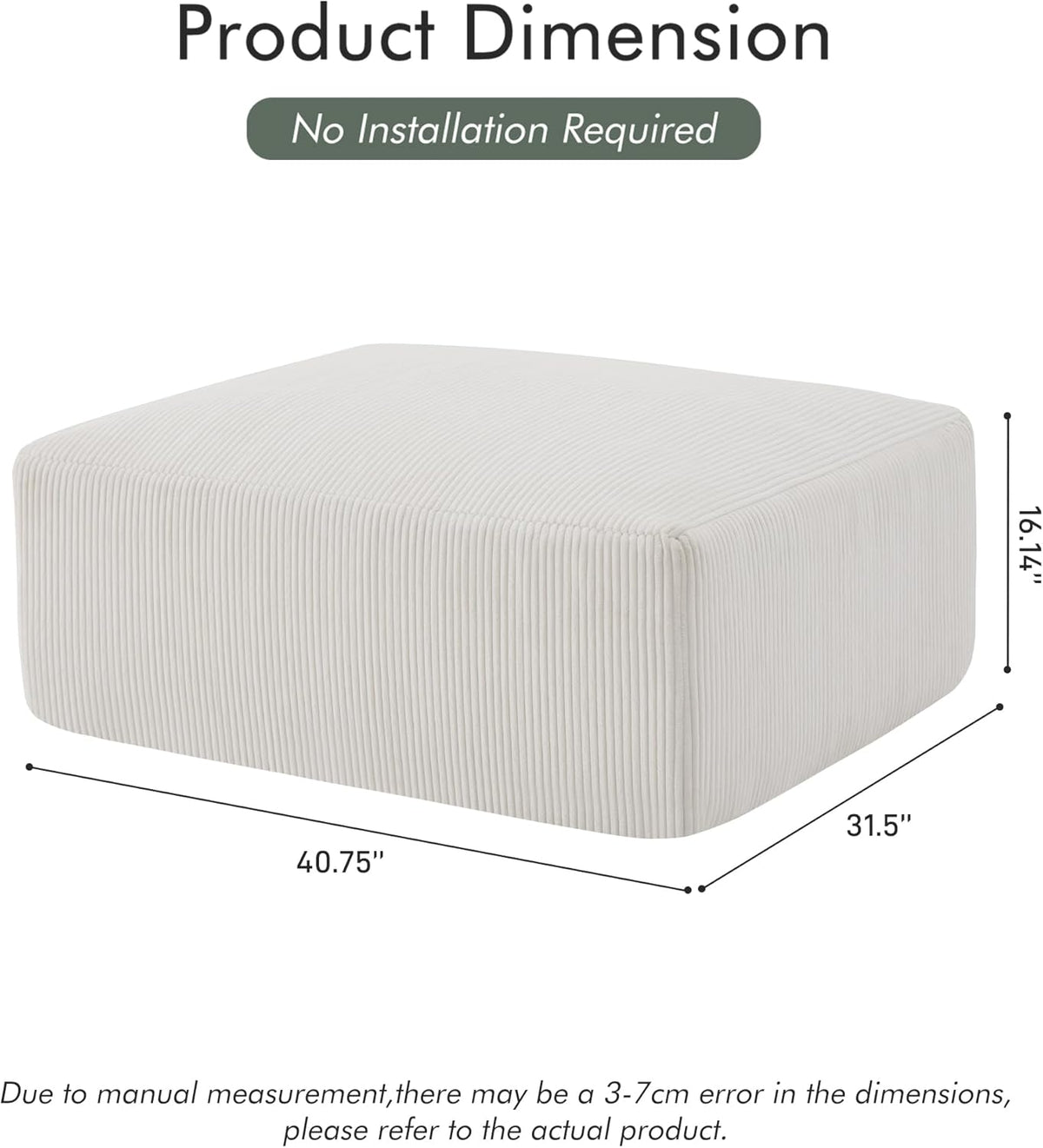 40" Square Stuffed Ottoman Pouf for Sofa Couch, Corduroy Poufs with Foam Chunk Filling, Furry &