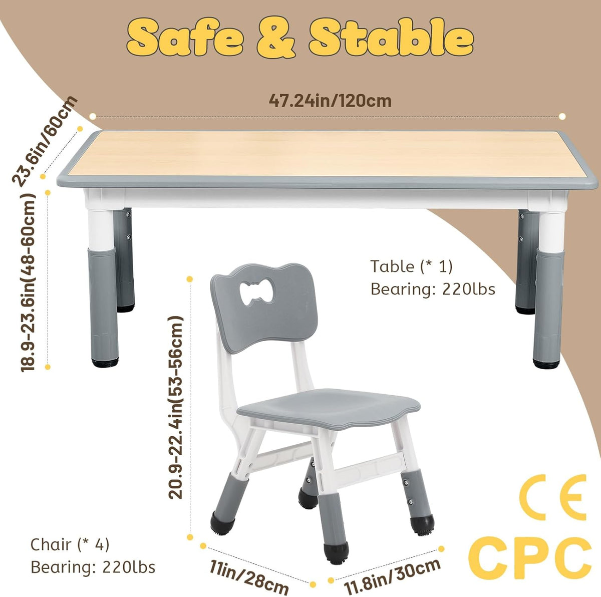 FUNLIO Kids Table and 4 Chairs Set for Ages 3-8, Height Adjustable Toddler Table and Chair Set