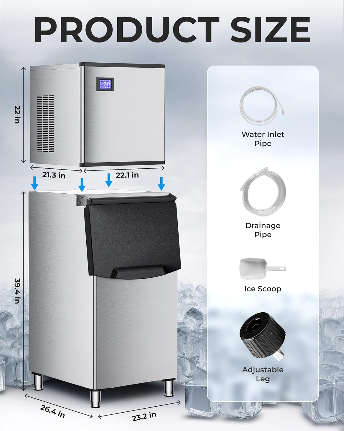 Commercial Ice Maker Machine 400 LBS/24H, Undercounter Large Ice Makers 250 LBS Storage Bin and 156
