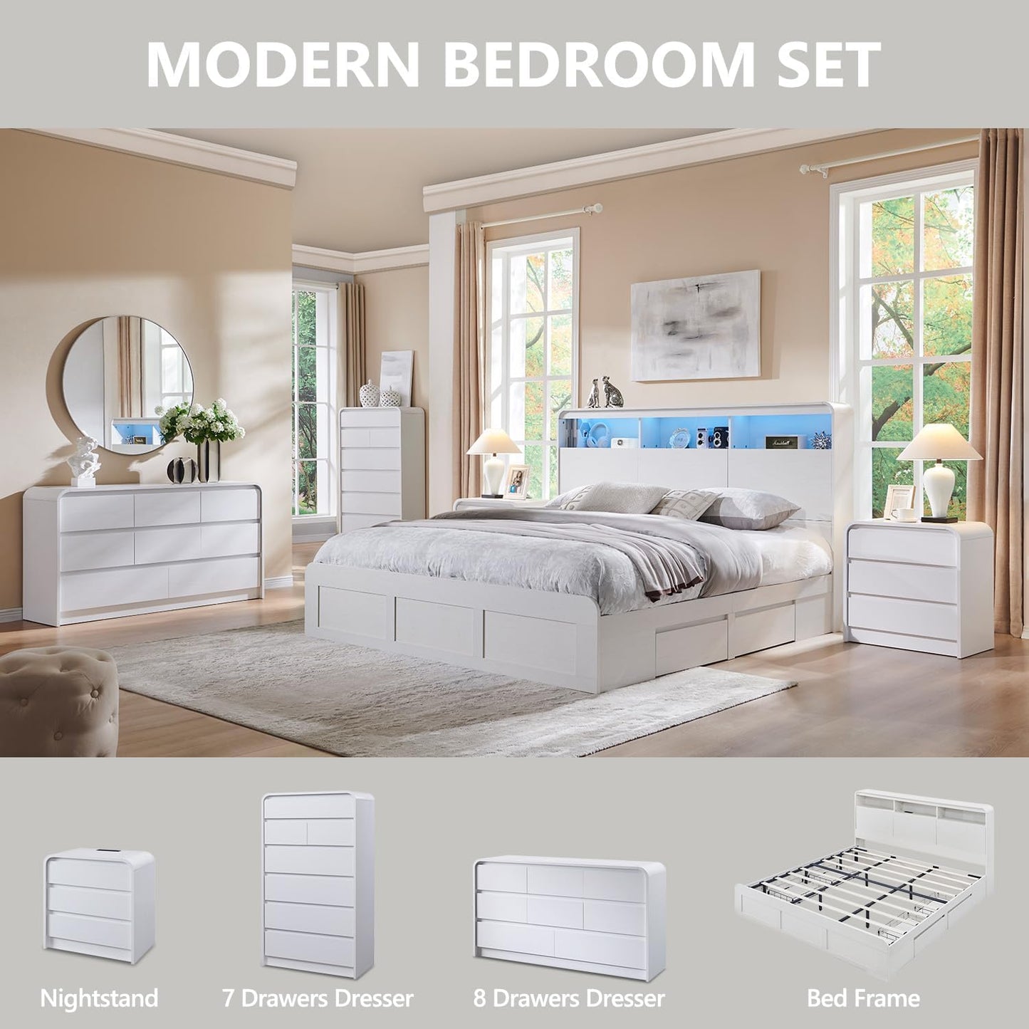 25" Tall Modern Nightstand with Charging Station, 23.6'' Wide Wood Bedside Table w/3 Storage