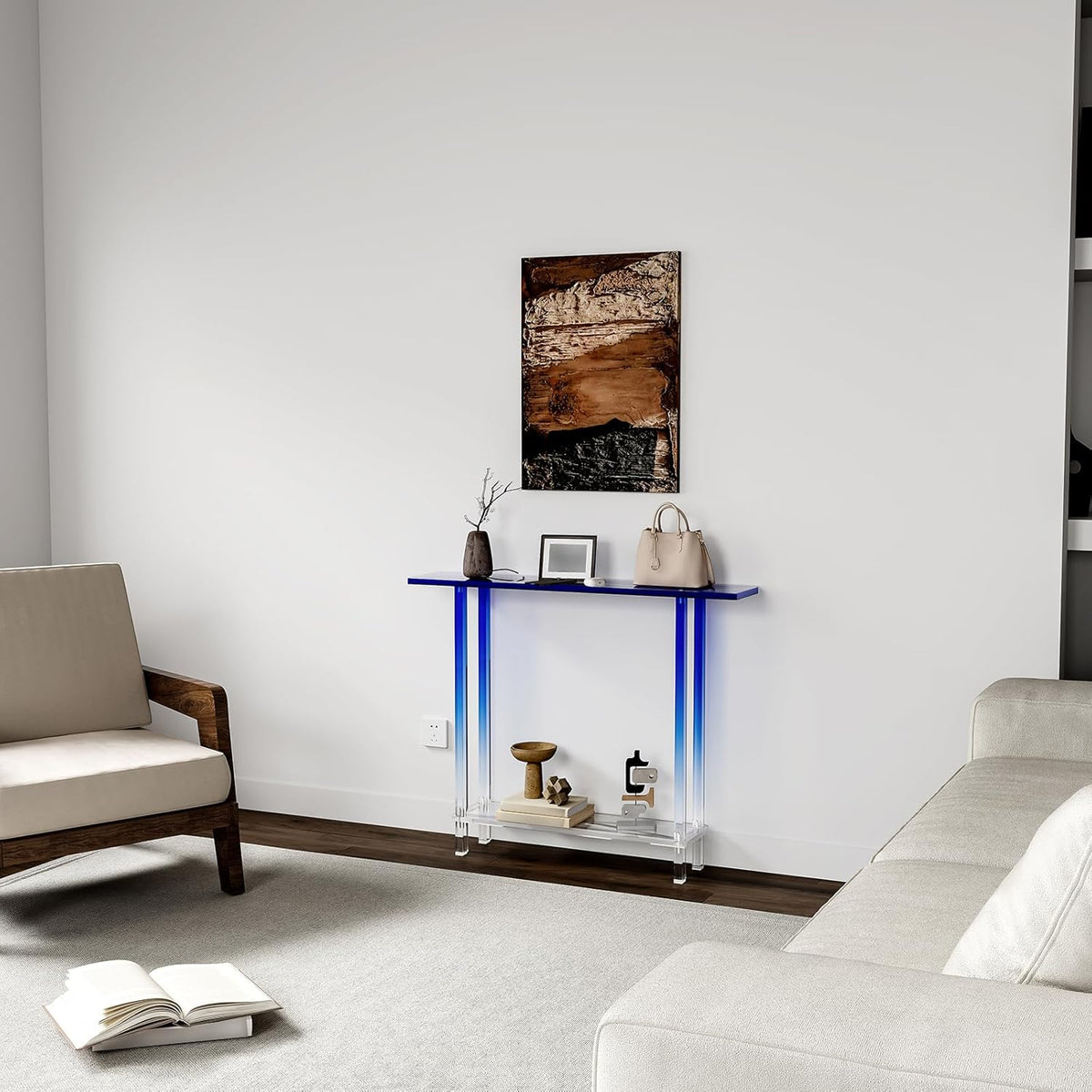 HMYHUM Narrow Acrylic Console Table, with Transparent Gradient Blue Square Legs, 7.6" Width, 2-Tier