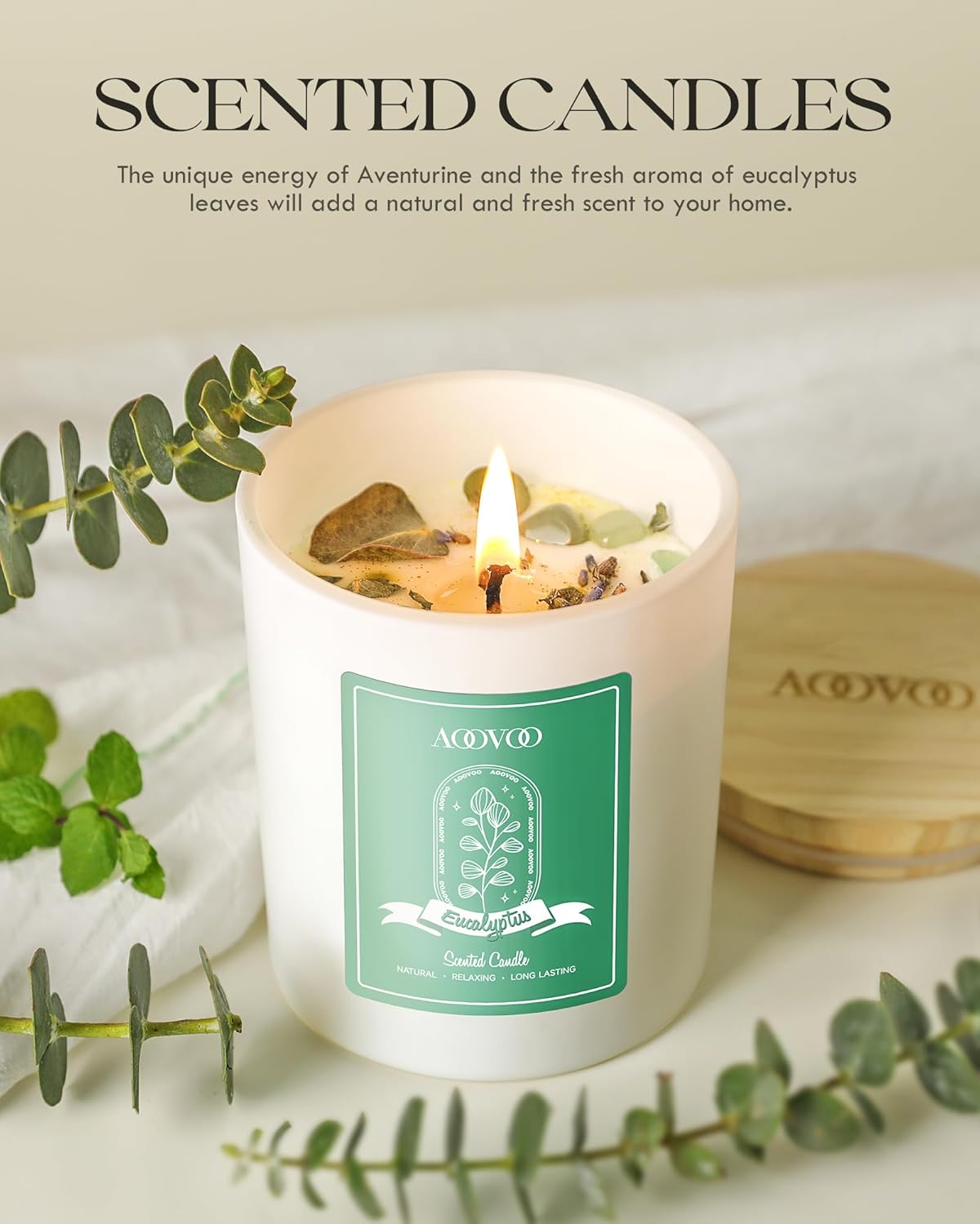 AOOVOO Eucalyptus Mint Scented Candles for Women - Aromatherapy Candle with Crystals Inside, 10oz