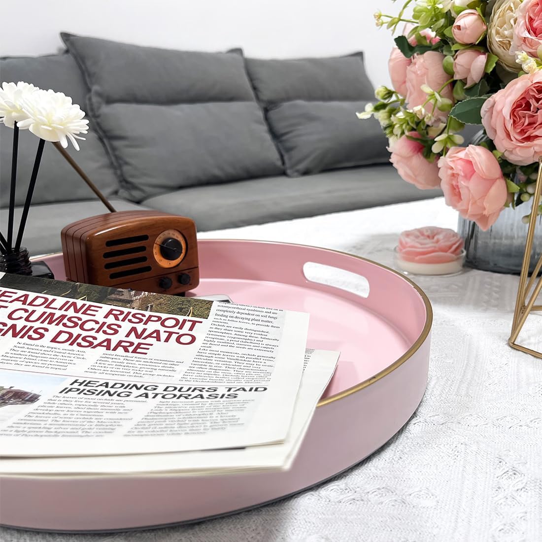 13" Pink Serving Tray with Handles,Round Decorative Tray for Coffee Table, Plastic Modern Coffee
