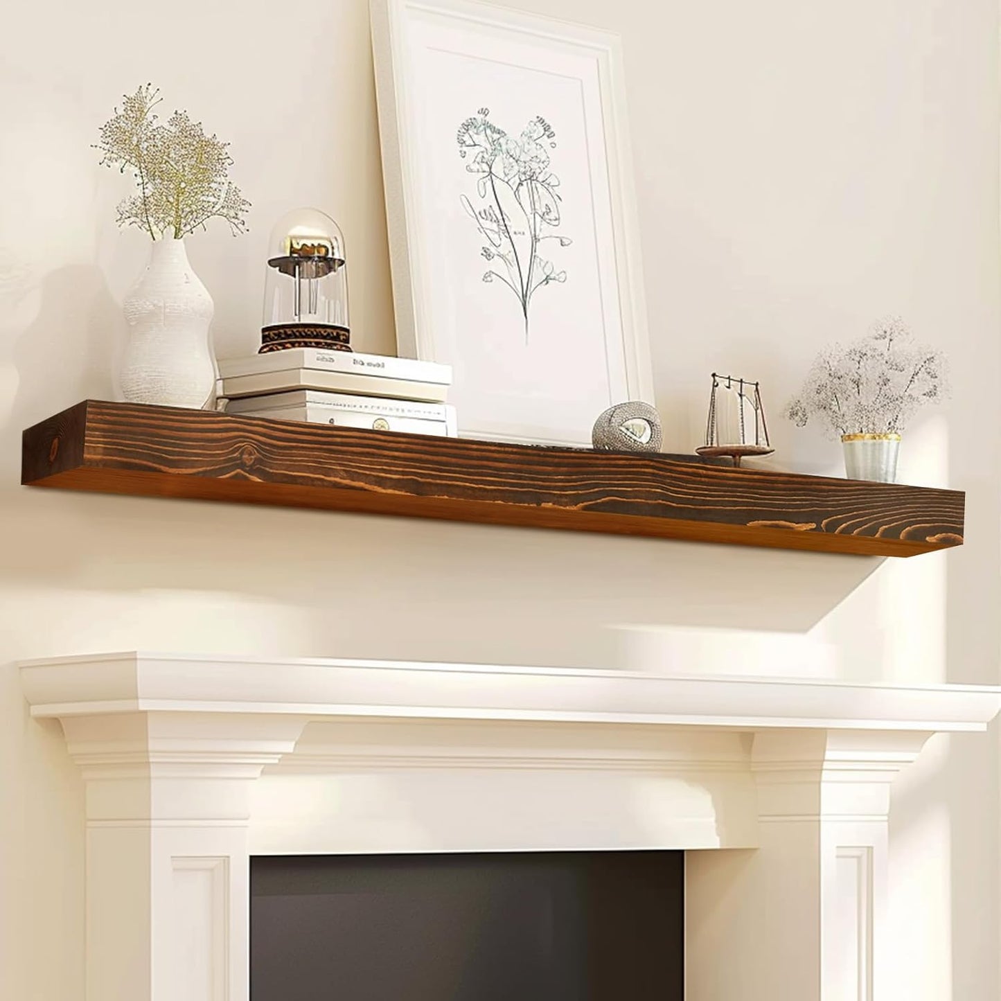 60x8x3 Fireplace Mantel - Solid Rustic Wood - Wall Mounted Floating Shelf with Invisible Heavy Duty