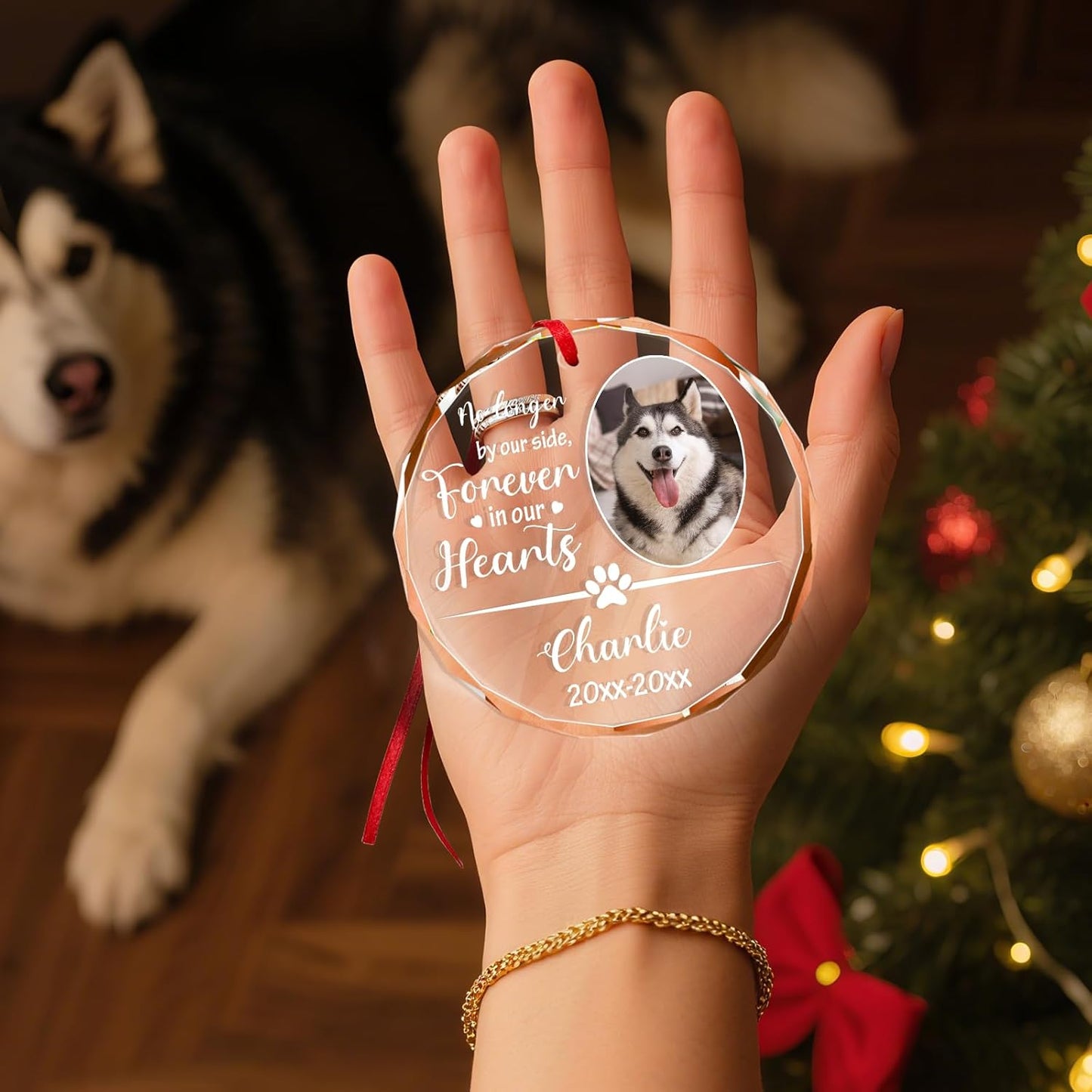 Personalized Memorial Pet Glass Ornament - Custom Picture Christmas Ornaments, Dog Forever in Our