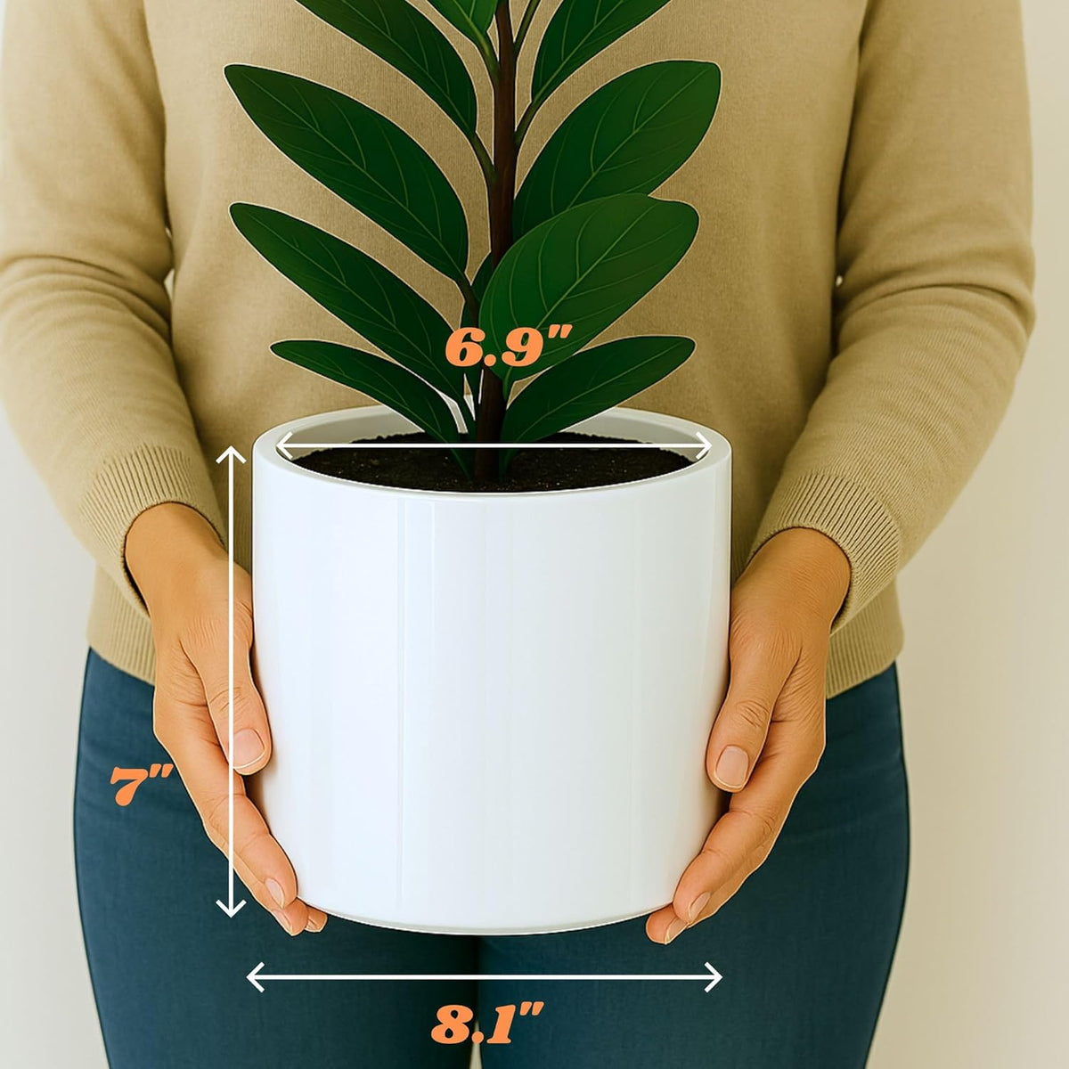Fox & Fern 8 Inch Plant Pot with Drainage Plug — Premium Lightweight Fiberstone Glossy White