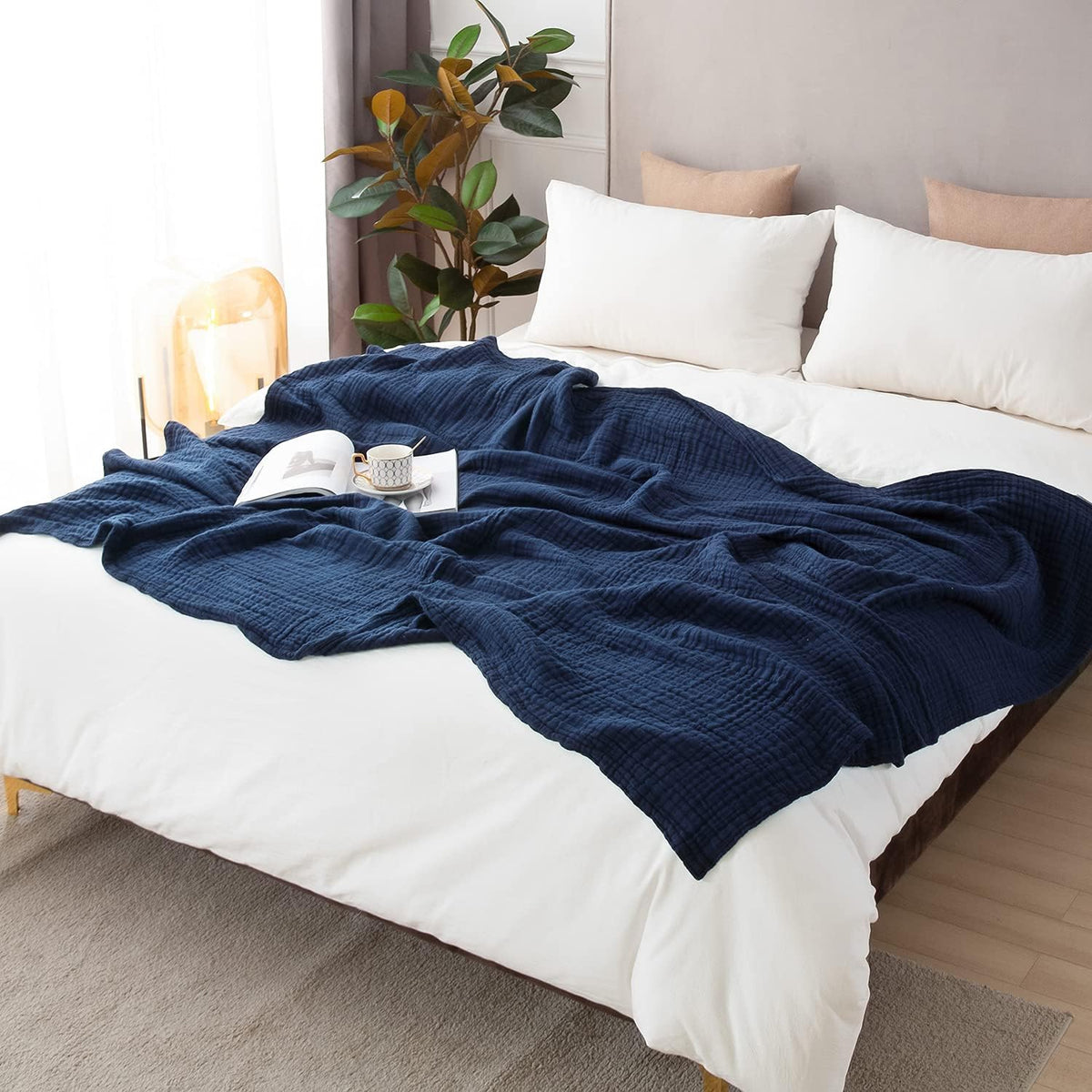 EMME Cotton Blanket Queen Size for Bed Soft Large Muslin Bed Blankets 90"x90" Lightweight