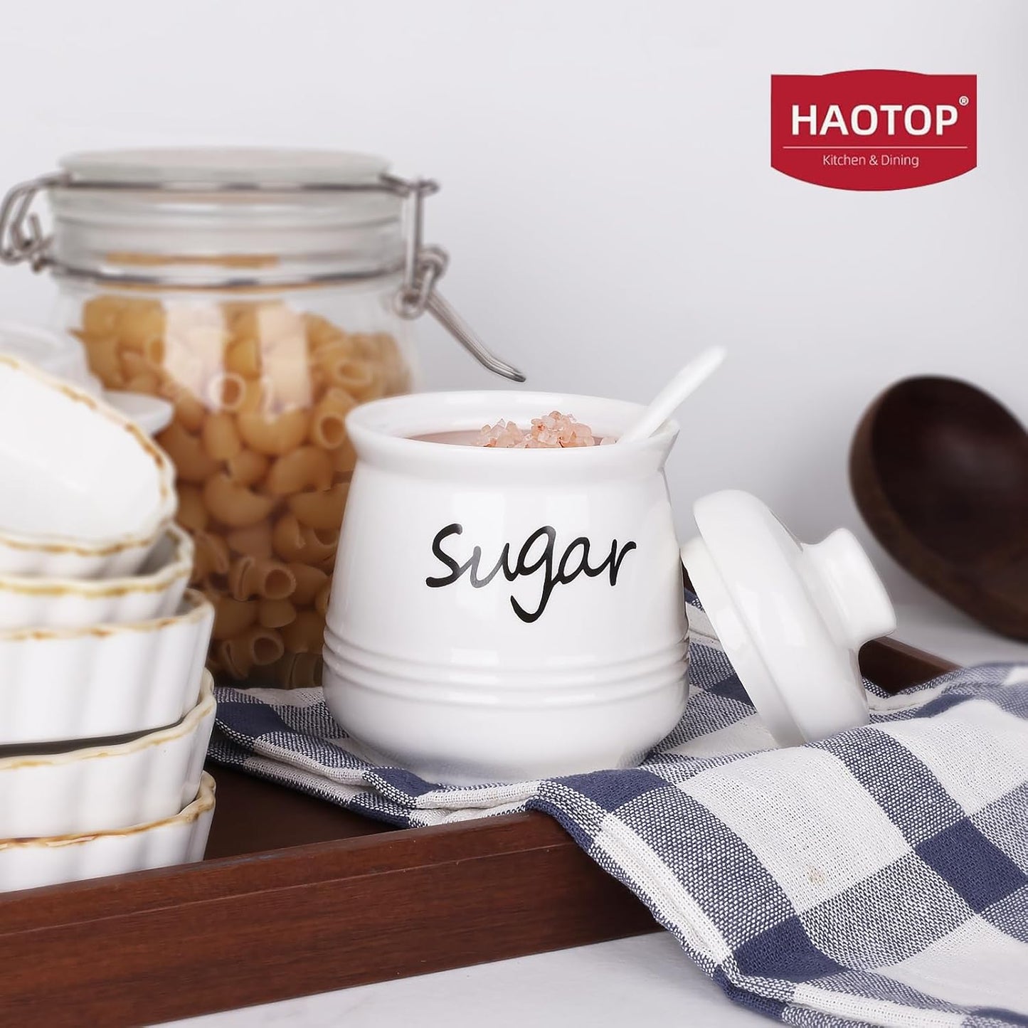 HAOTOP 12oz Sugar Bowl with Lid and Spoon,Ceramic Sugar Jar Sugar Dispenser Sugar Container Coffee