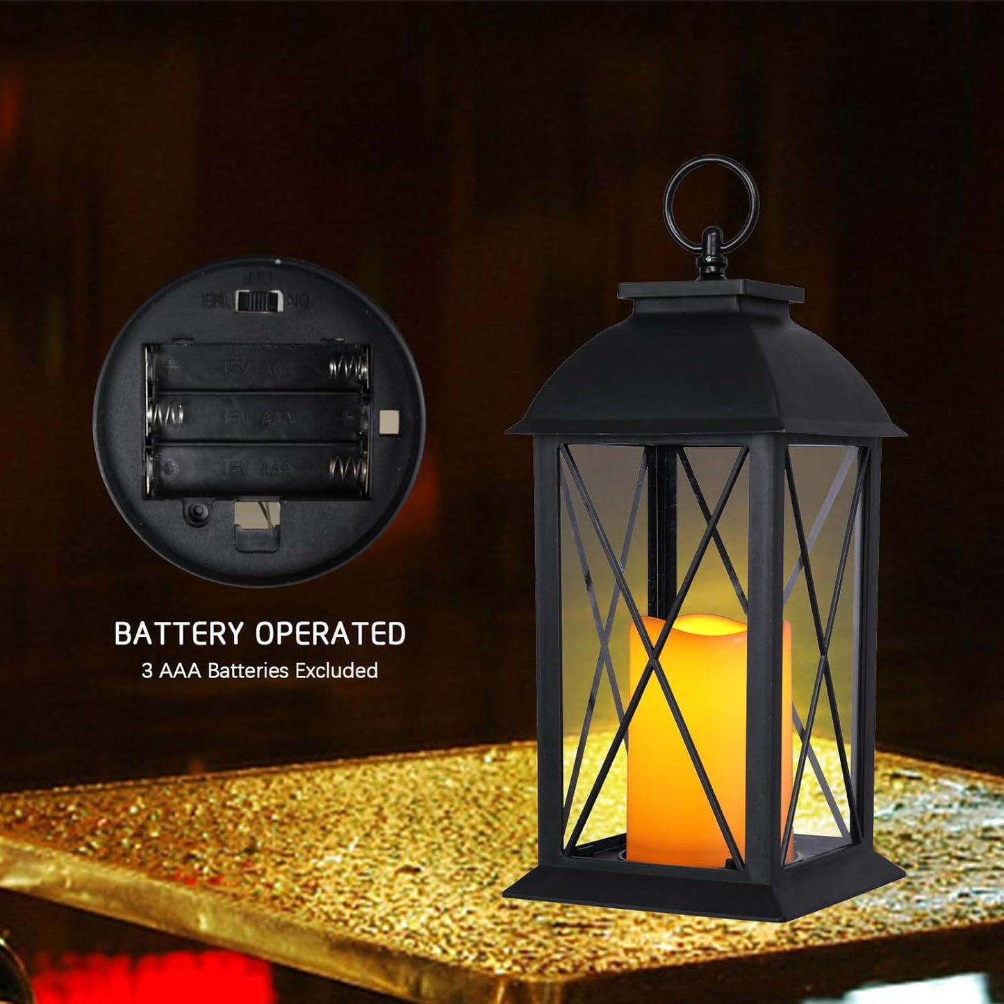 2 Pack 13-Inch Black Decorative Lantern with LED Candle, Battery Operated, Lightweight and Durable