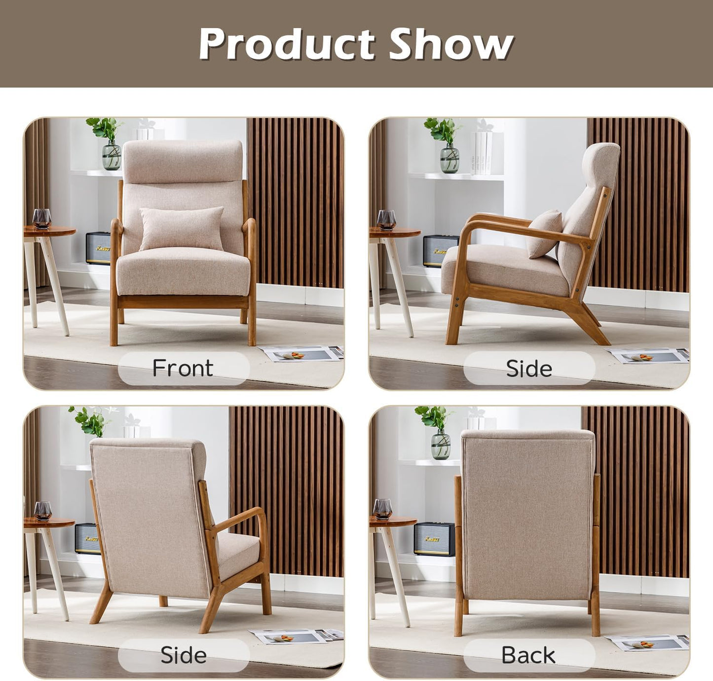 INZOY Mid Century Modern Accent Chair Set of 2, High Back Reading Armchair with Wood Frame