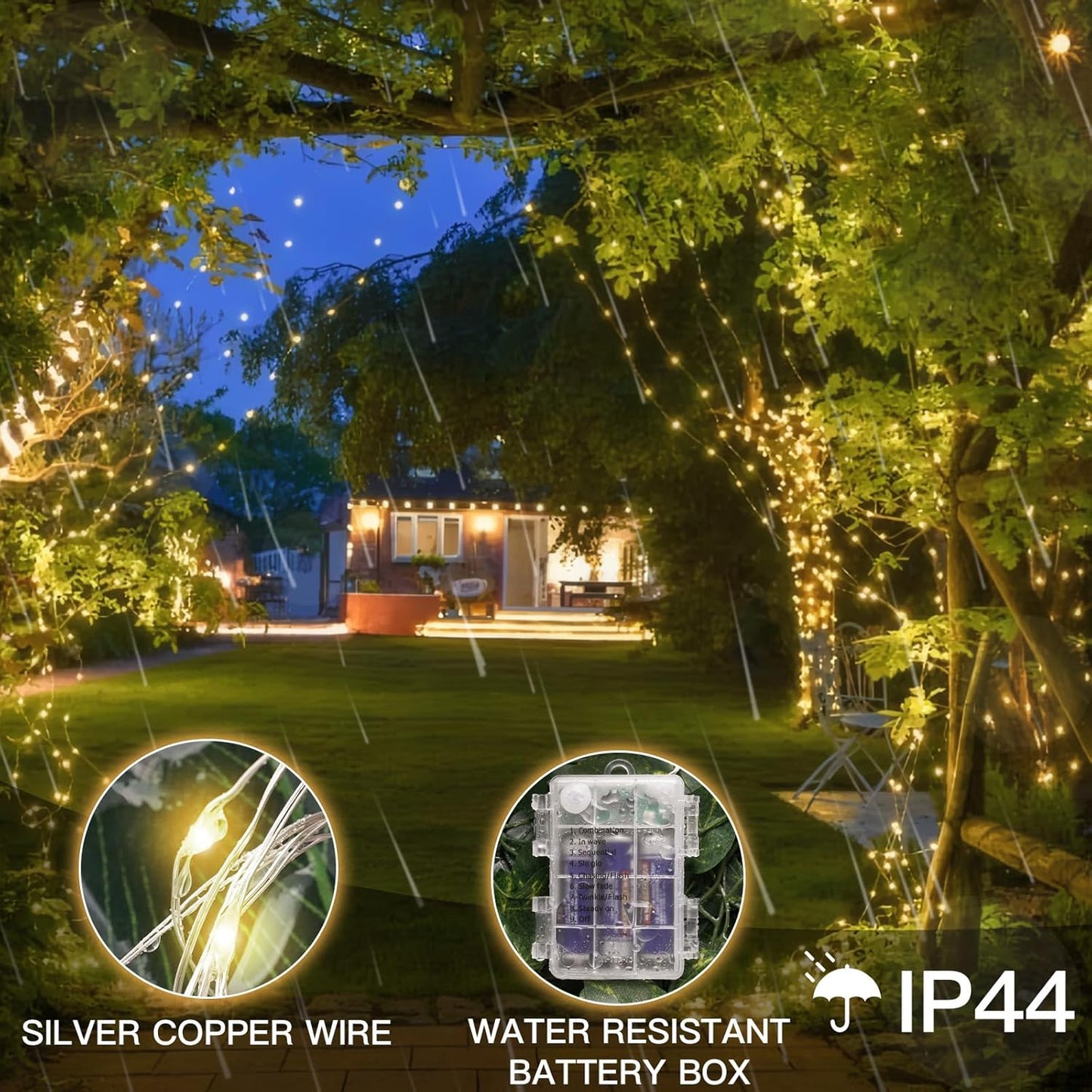 suddus 66ft 200 LED Outdoor String Lights, Warm White Christmas Fairy Light Battery Operated with