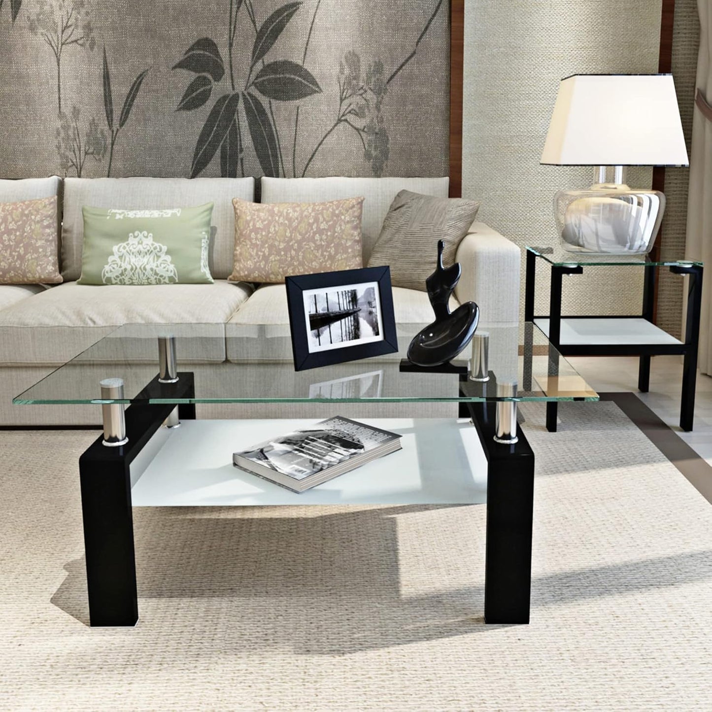 Glass Coffee Table for Living Room, 2 Layer Center Table with Clear Rectangle Tempered Glass Top