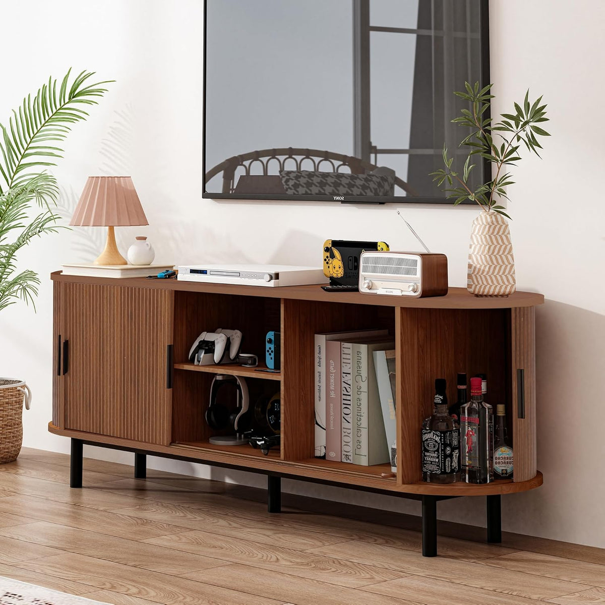 62" Tambour Door TV Stand,Wood Mid Century Modern TV Cabinet for Up to 70“ TV,Curved Edge Long TV