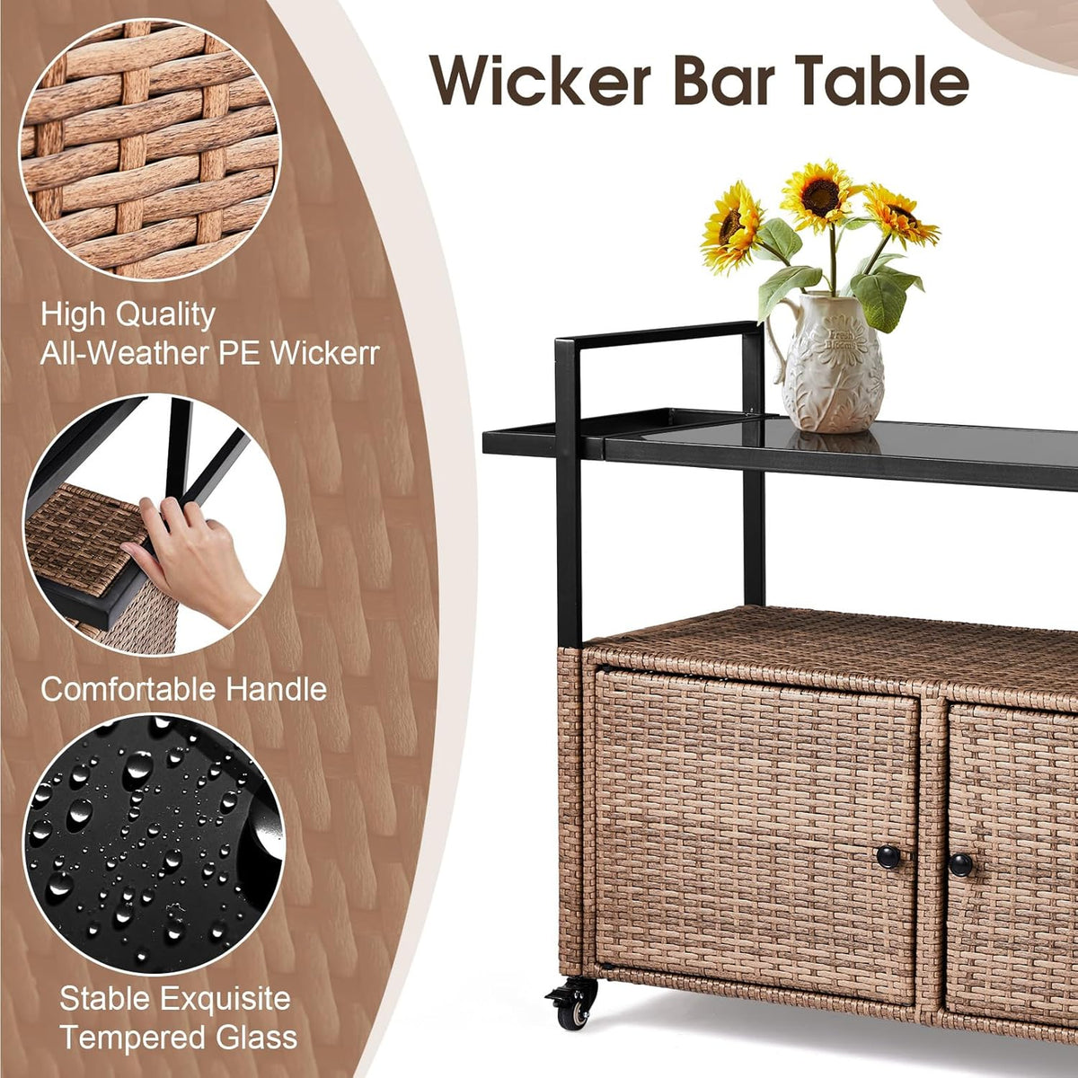 VINGLI Wicker Outdoor Bar Cart with Storage and Wheels, Outdoor Bar Table Serving Cart Rattan Bar