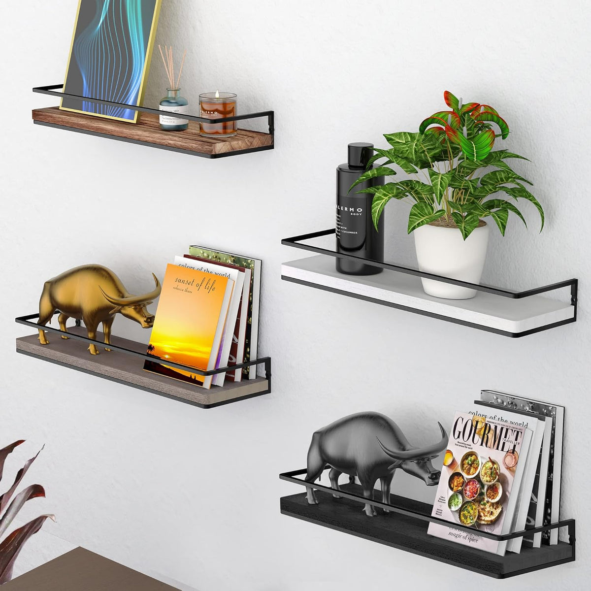 Meangood Floating Shelves Wall Mounted Set of 2, Rustic Wood Wall Storage Shelves for
